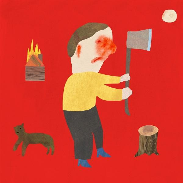 Illustration eines Mannes mit einer Axt. Eine Katze, ein Feuer und ein Baumstumpf befinden sich im roten Hintergrund. Auch ein Mond ist vorhanden.