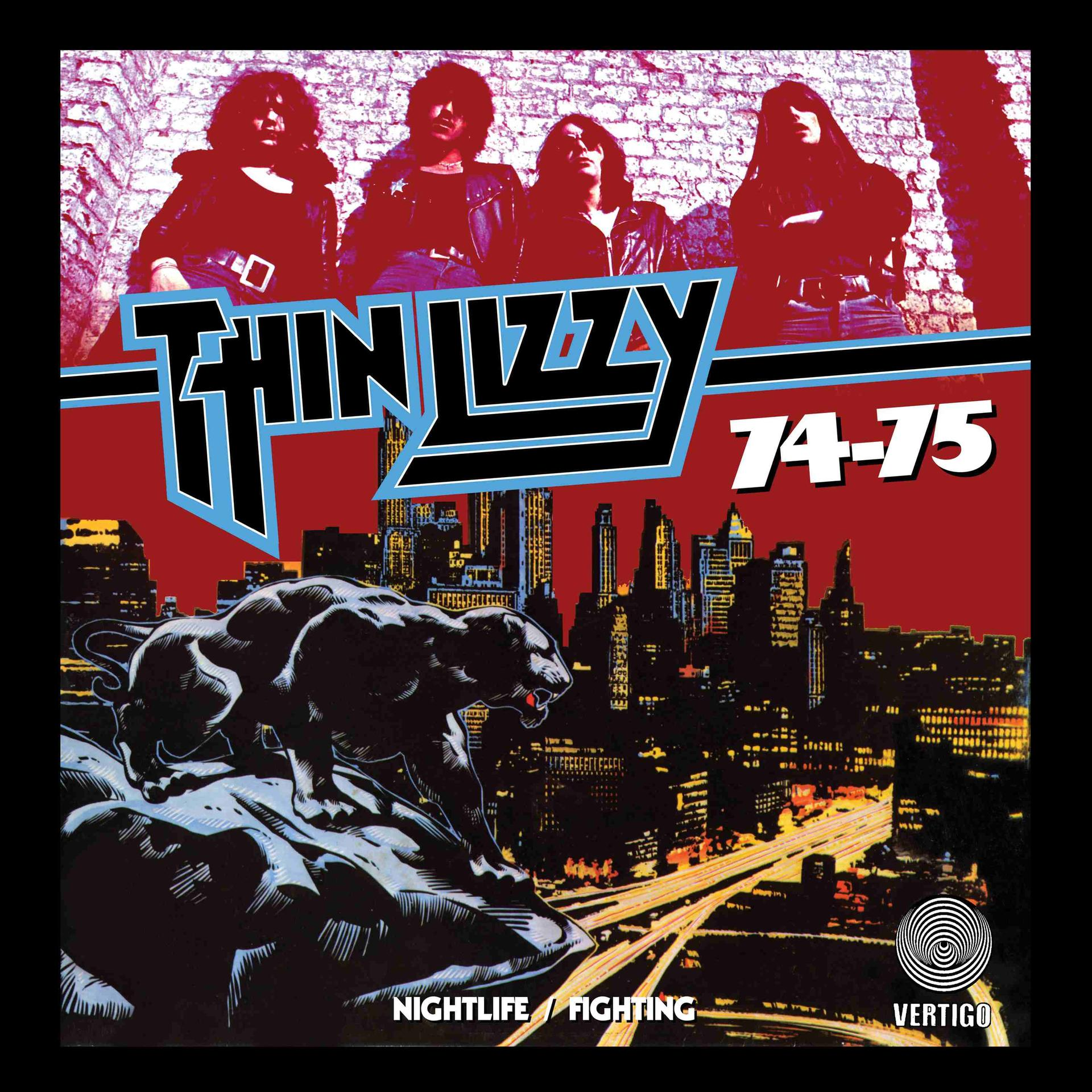 Albumcover für Thin Lizzy. Zeigt Bandmitglieder, einen Panther, Skyline, Autobahn und die Worte Nightlife/Fighting und Vertigo.