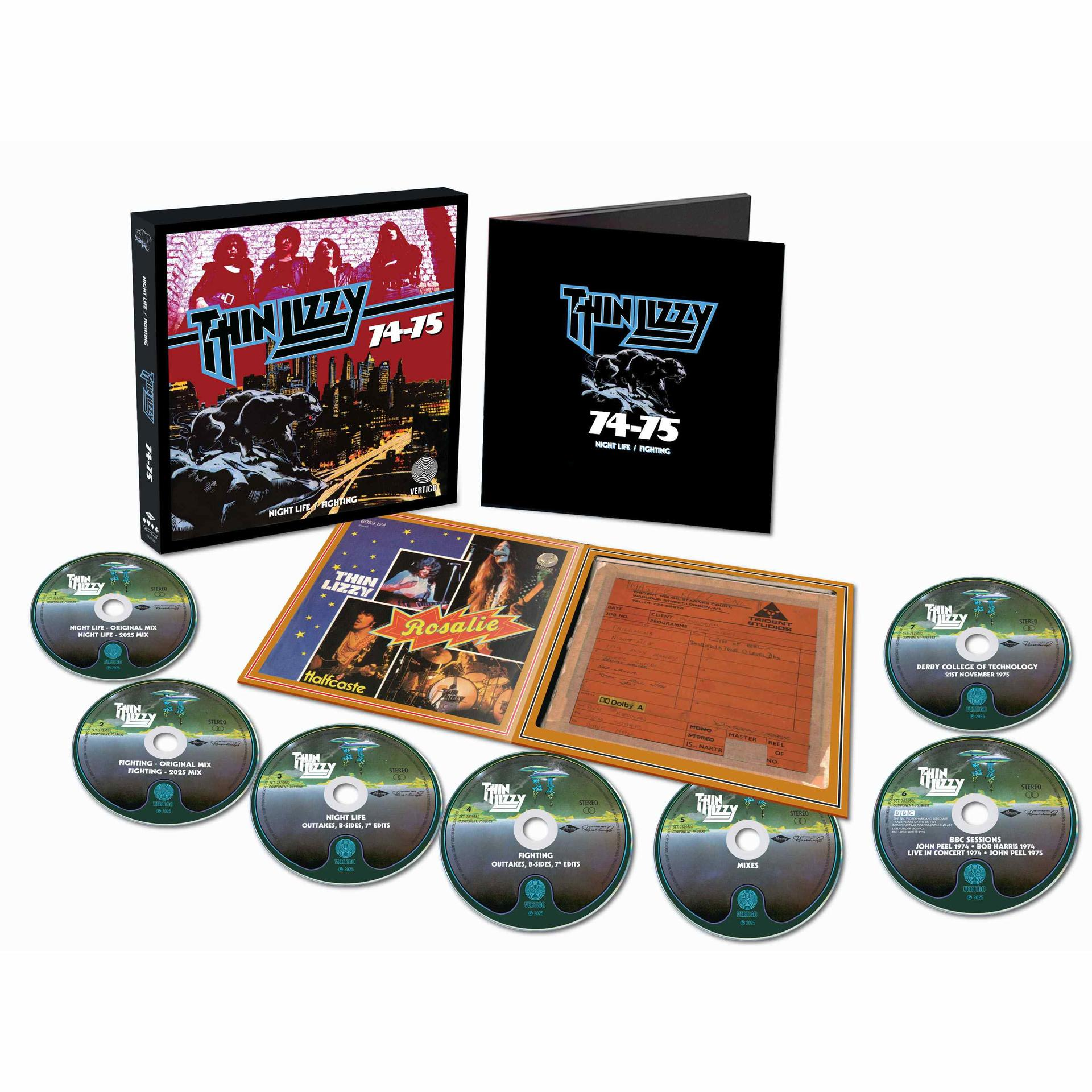 Box-Set mit Thin Lizzy Alben, einschließlich CDs, einem Booklet und einem Studio-Dokument. Das Cover zeigt Bandmitglieder.