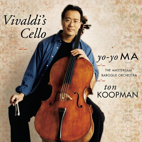 Yo-Yo Ma hält ein Cello auf einem CD-Cover. Der Titel lautet Vivaldis Cello. Der Hintergrund hat ein Blumenmuster.