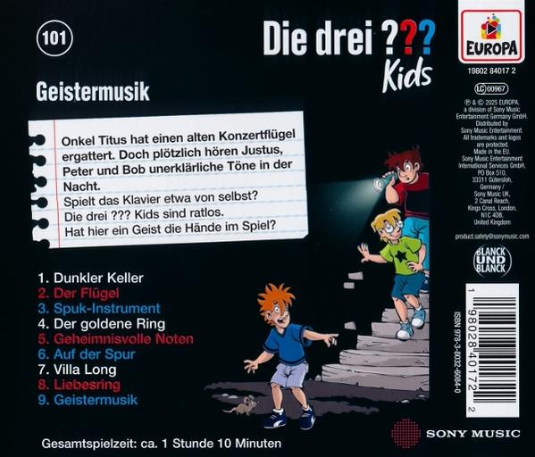 Cover für 'Die drei ??? Kids Geistermusik'. Zeigt drei Kinder, eine Liste und Text auf Deutsch.
