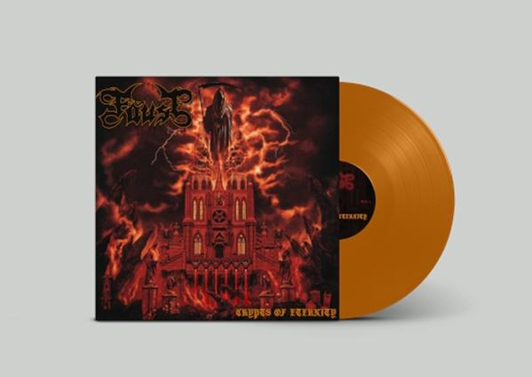 Albumcover und Schallplatte. Das Cover zeigt eine gotische Kathedrale mit einer Sensenmannfigur und feurigem Hintergrund. Vinyl ist orange.