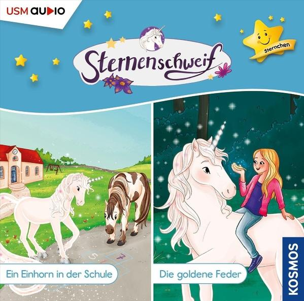 Das Bild zeigt ein Buchcover mit Einhorn-Motiv. Es hat zwei Szenen. Eine zeigt Einhörner in der Schule, die andere ein Mädchen mit einem Einhorn im Wald.