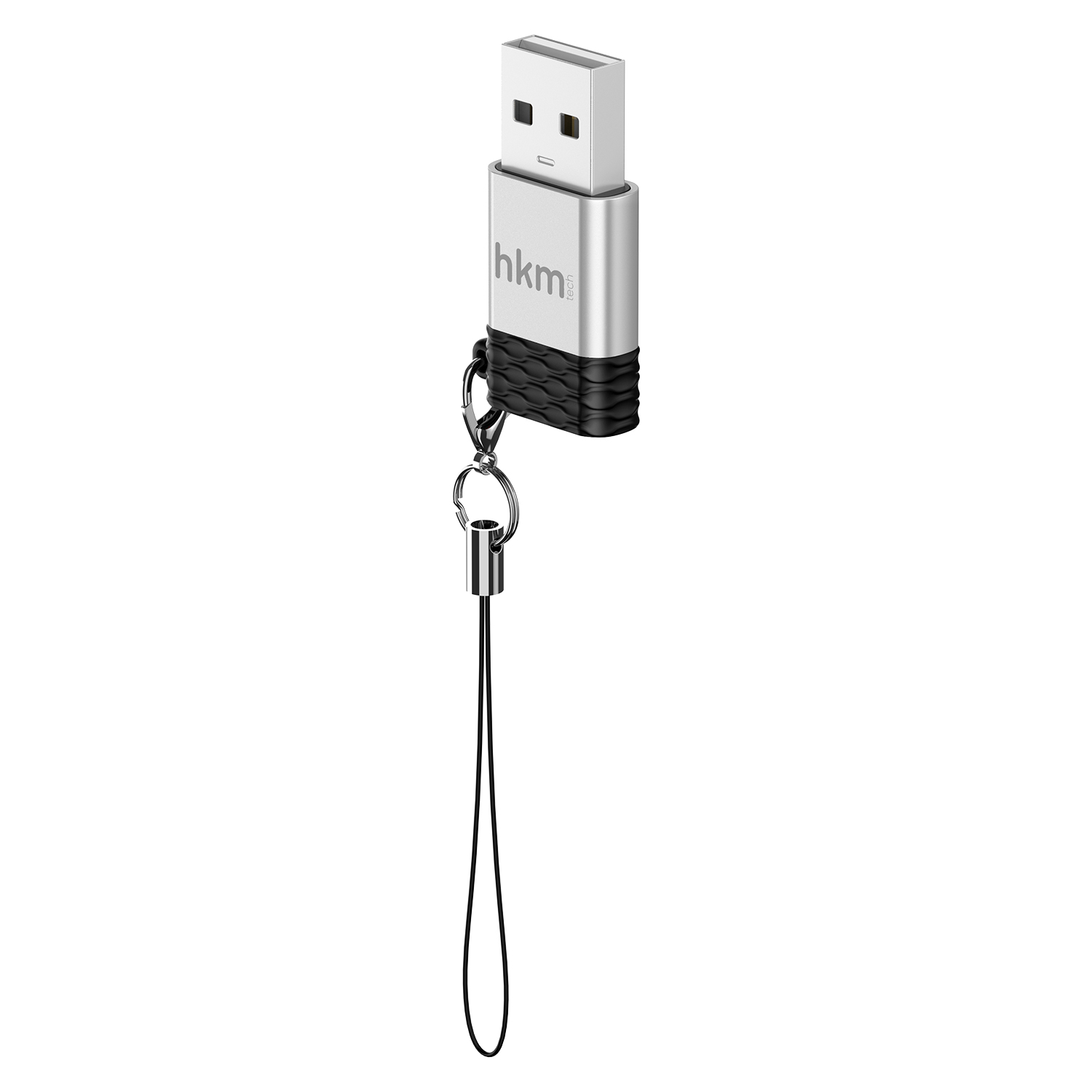Siyah kauçuk tutamağı ve siyah kordonu olan gümüş renkli bir USB sürücü, beyaz bir arka plana asılıdır.