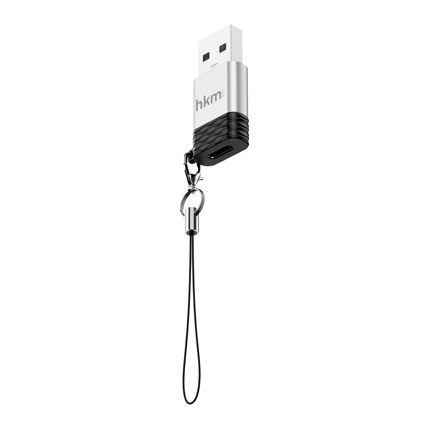 Beyaz bir arka plan üzerinde asılı duran, siyah bir ipi olan gümüş ve siyah bir USB sürücü.
