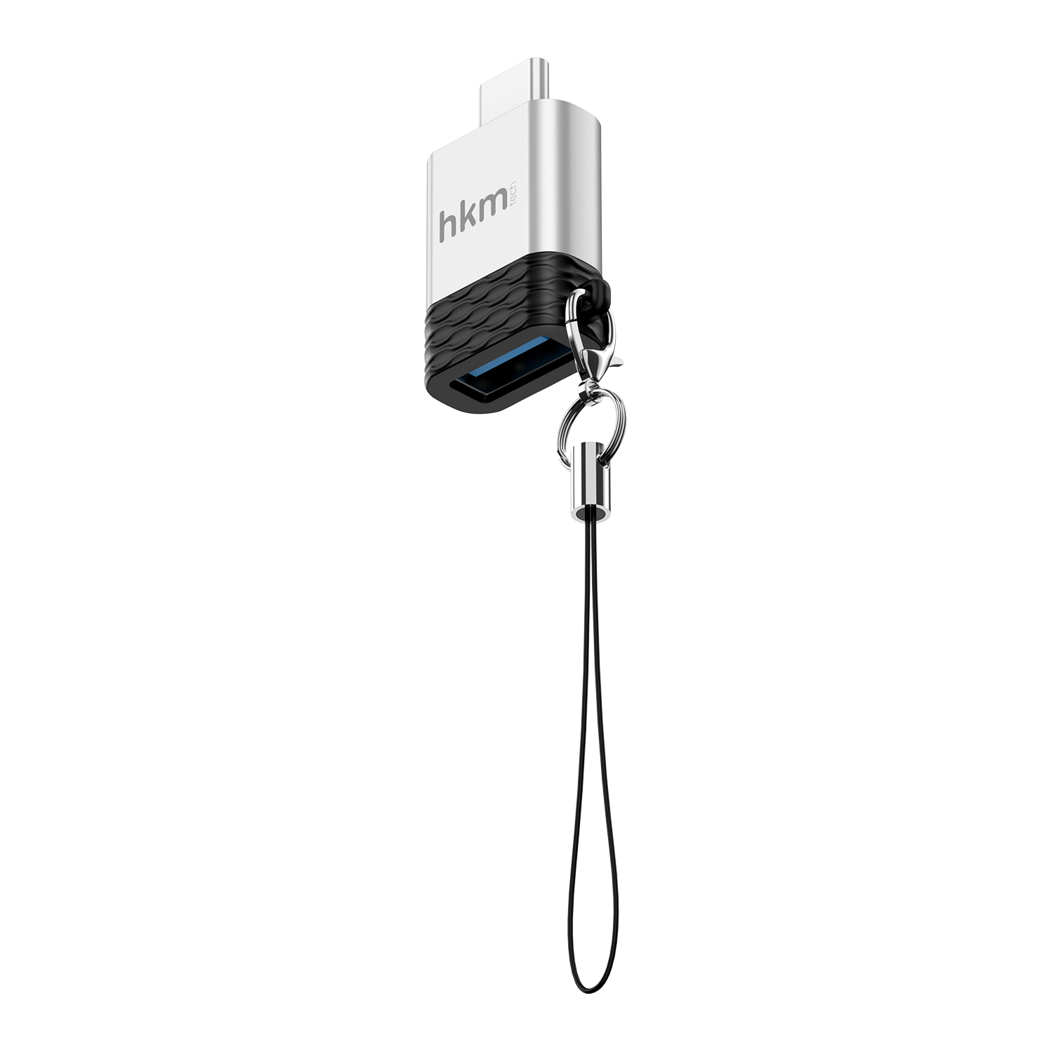 Siyah bir kordonu olan gümüş ve siyah bir USB sürücüsü asılı duruyor. Sürücüde bir marka logosu var.