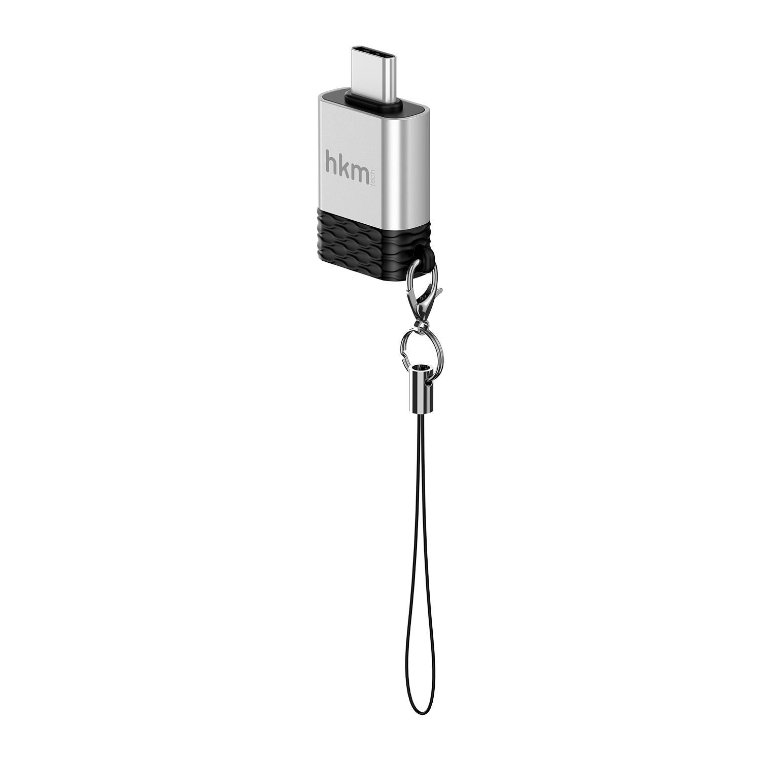 Bir kordonlu, gümüş ve siyah USB-C adaptörü. Adaptörde 'hkm' logosu bulunur. Arka plan beyazdır.