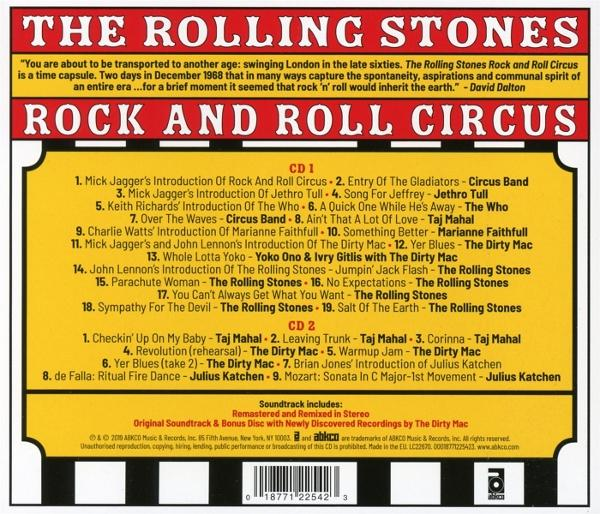 Albumcover: The Rolling Stones Rock and Roll Circus. Listet Songs, darunter 'Jumpin' Jack Flash', und Bandmitglieder-Einführungen.