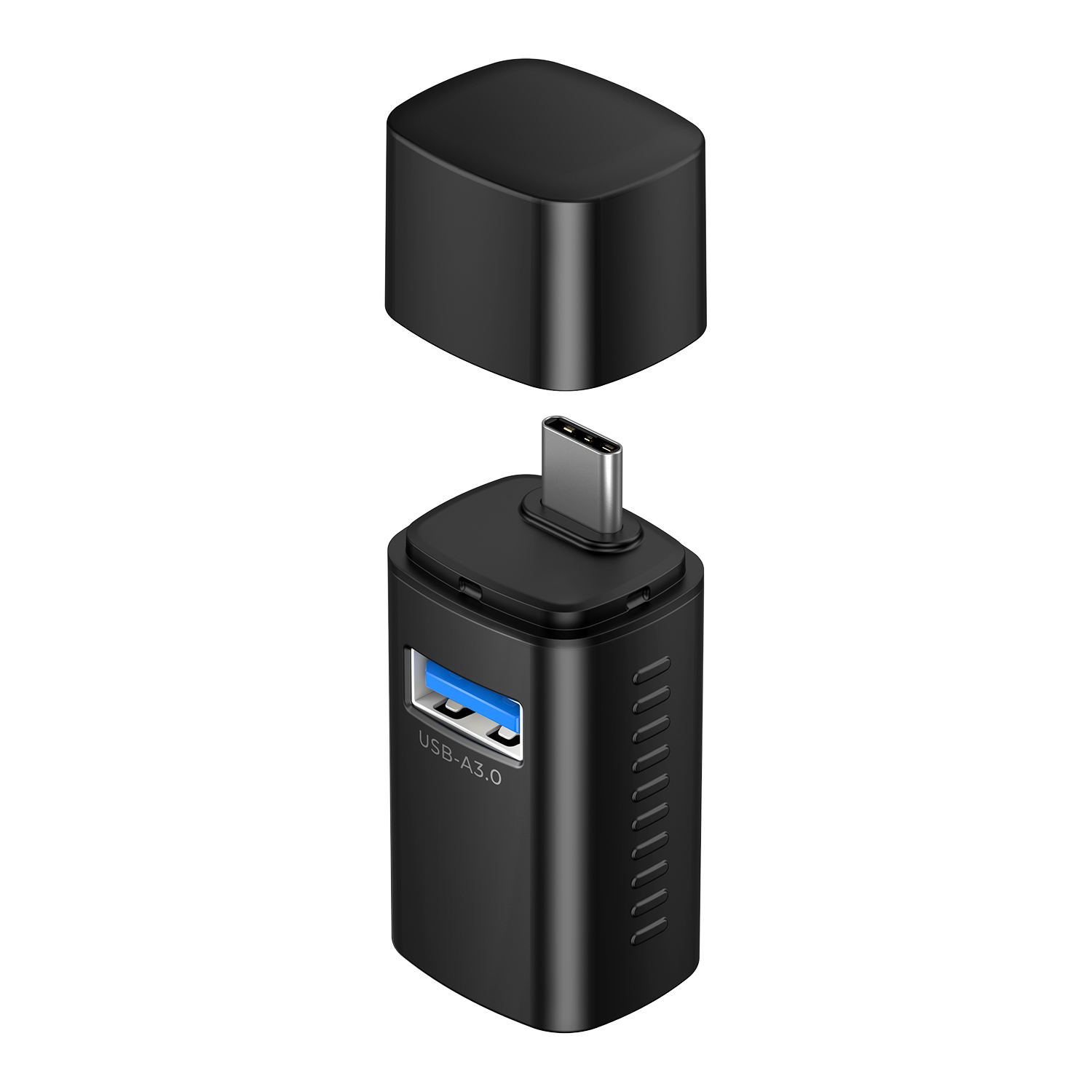 USB-A 3.0 portu ve USB-C portu olan siyah bir USB adaptörü. Kapak çıkarılmış. Beyaz zemin.
