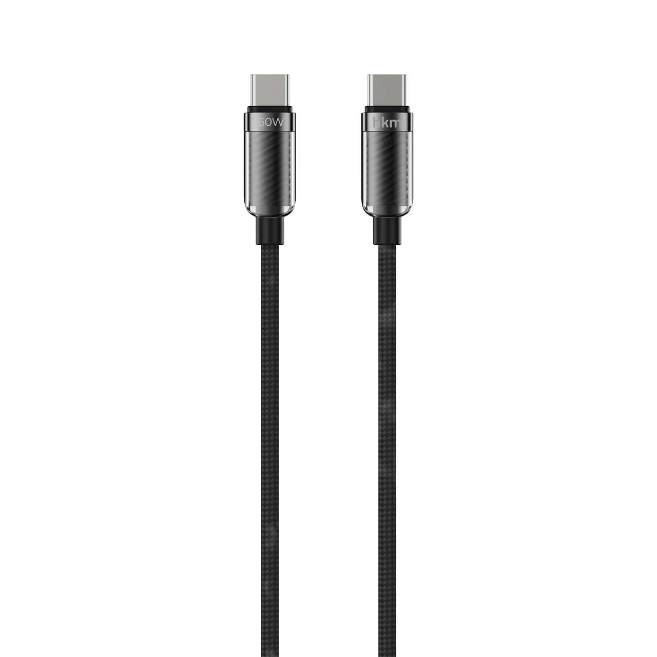 Siyah bir arka plan üzerinde metalik konektörlere sahip iki USB-C kablosu. Kablolar, dokulu bir desene sahip koyu renklidir.
