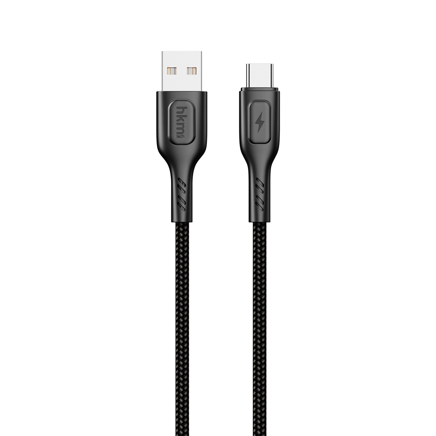 USB-A ucu ve USB-C ucu olan siyah bir USB-C şarj kablosu. Kablo örgülü ve konektörler üzerinde logolar var.