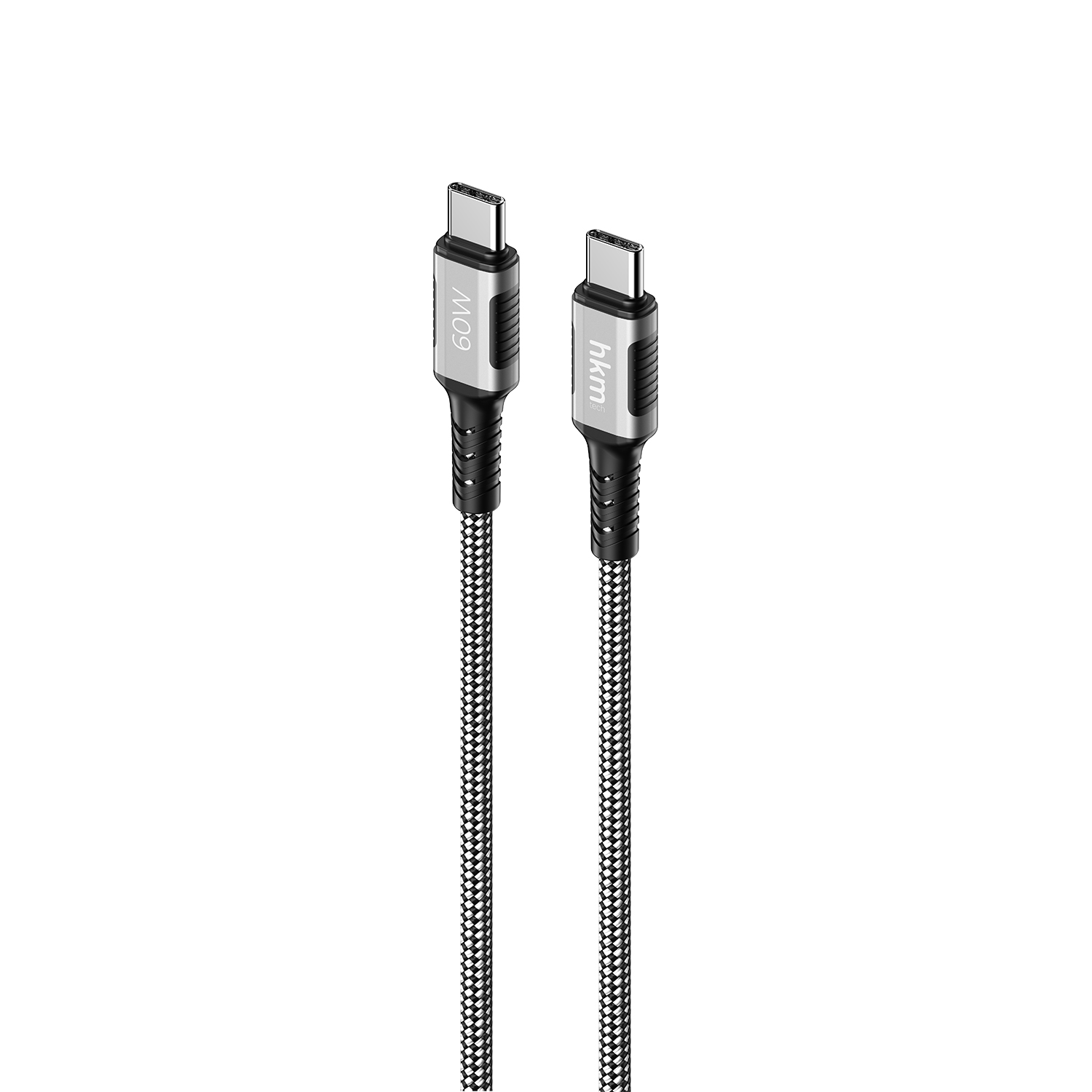 Gümüş renkli konektörlere ve siyah örgülü kablolara sahip iki USB-C kablosu. Biri '60W', diğeri 'hkm' olarak işaretlenmiş.