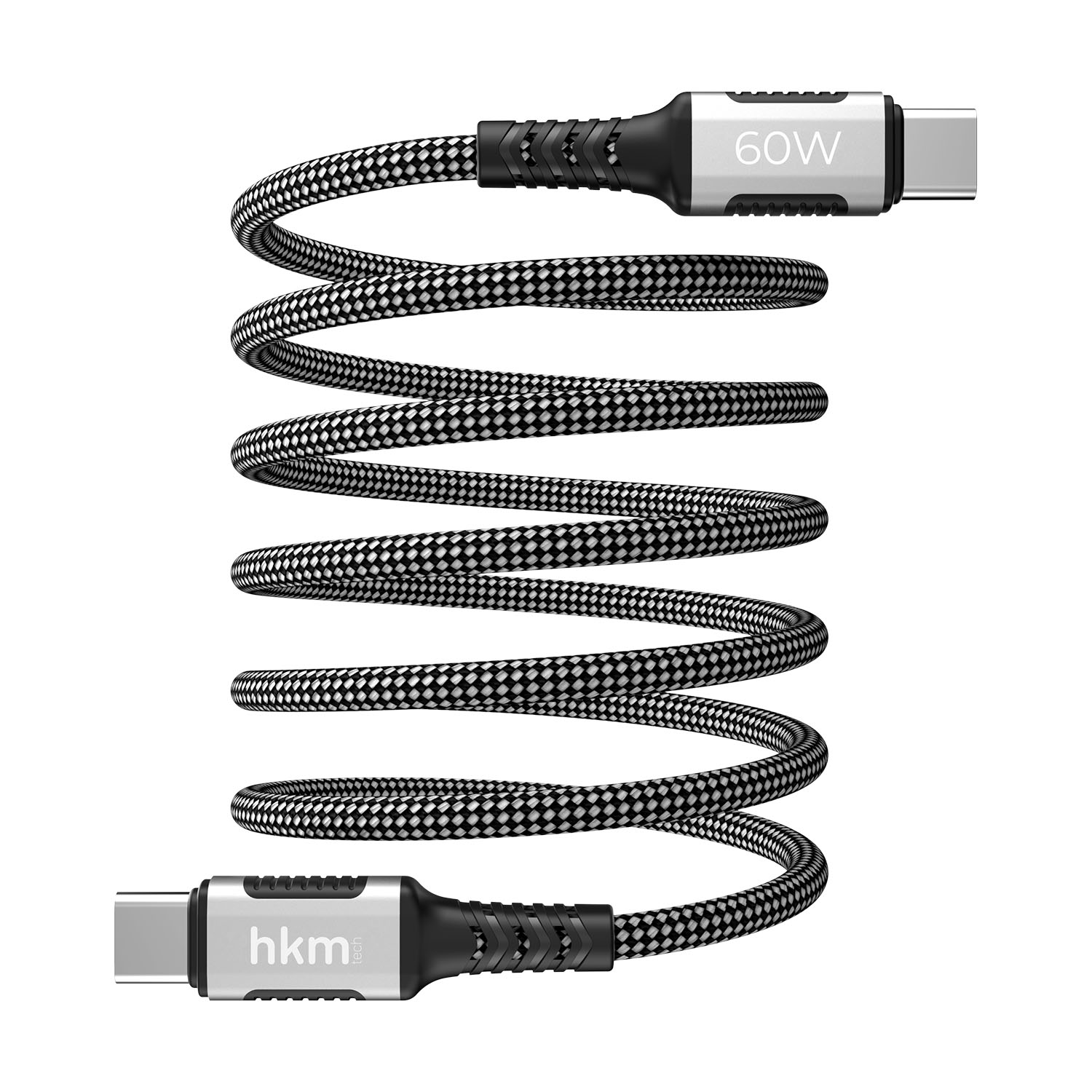 Siyah beyaz kare desenli, kıvrılmış bir USB-C şarj kablosu. Üzerinde '60W' ve 'hkm' etiketleri bulunan gümüş renkli konektörlere sahip.