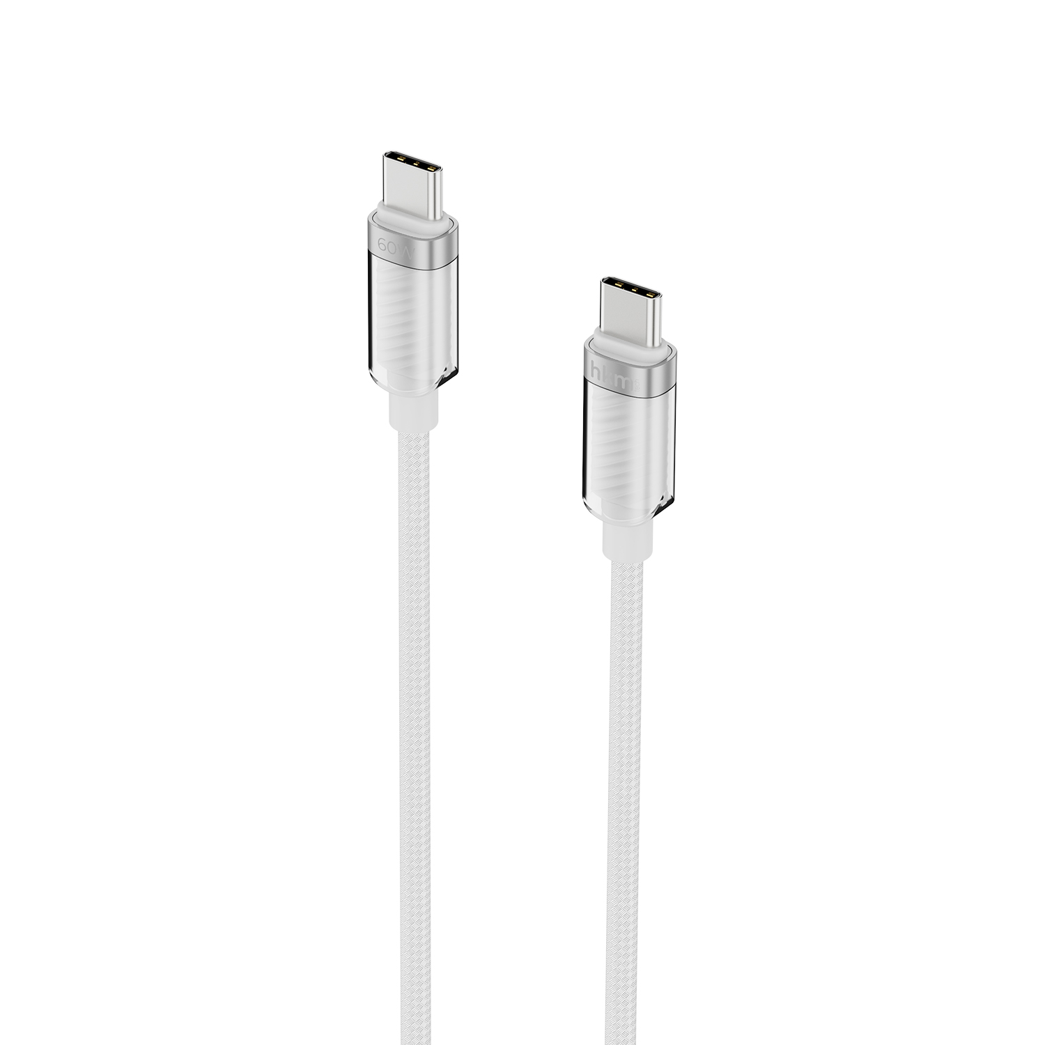 Beyaz arka plan üzerinde iki beyaz USB-C şarj kablosu. Her kablonun gümüş renkli bir konektörü var.