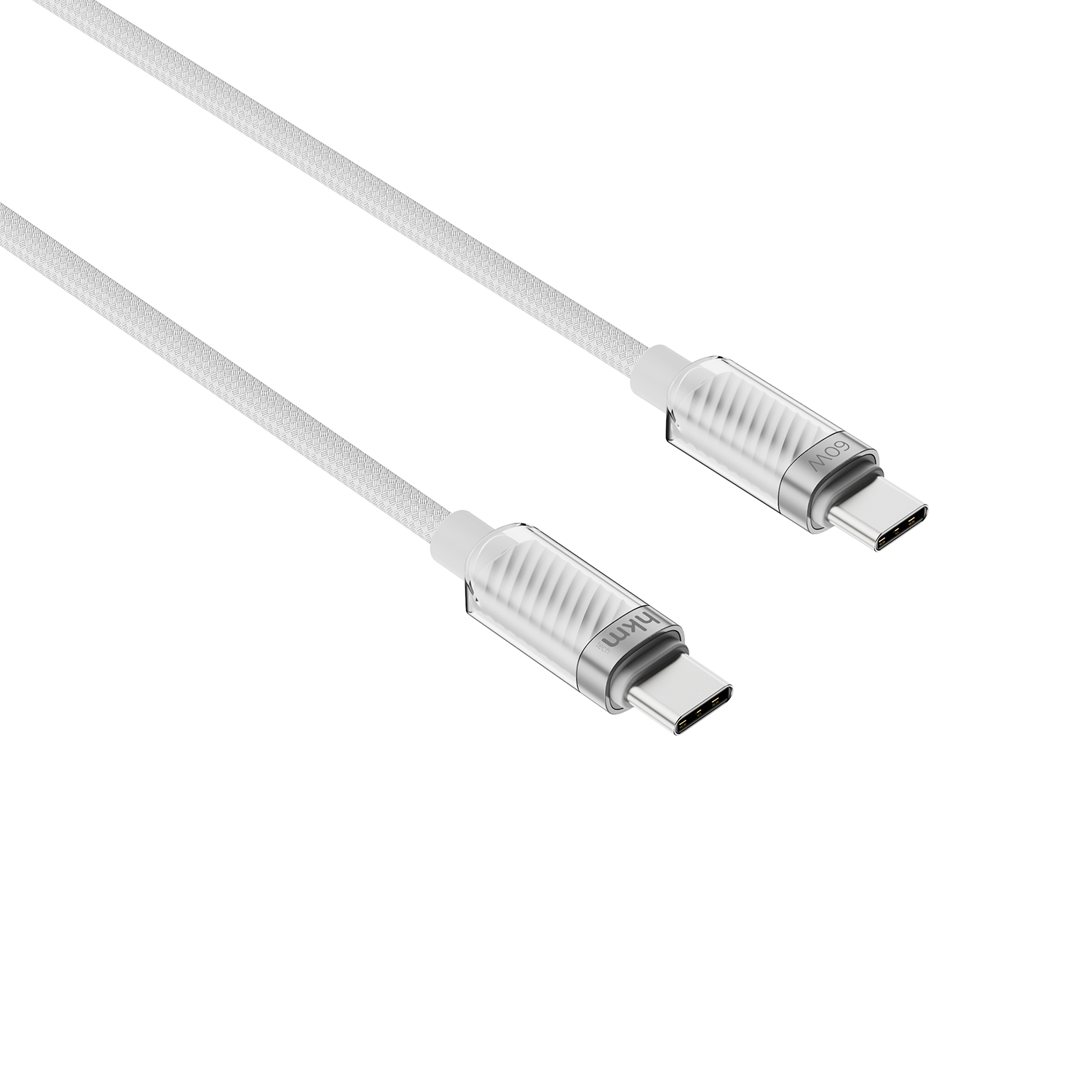 Beyaz arka plan üzerinde iki beyaz USB-C şarj kablosu. Her kablonun şeffaf plastik konektörü ve örgülü dokusu vardır.