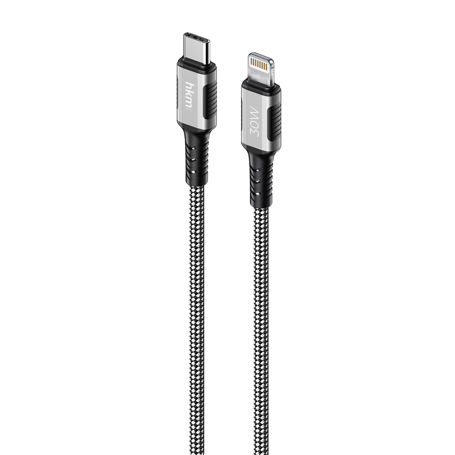 Farklı konektörlere sahip iki şarj kablosu. Biri 'hkm' işaretli USB-C'dir. Diğeri '30W' işaretli Lightning'dir. Her ikisi de kareli kablolara sahiptir.