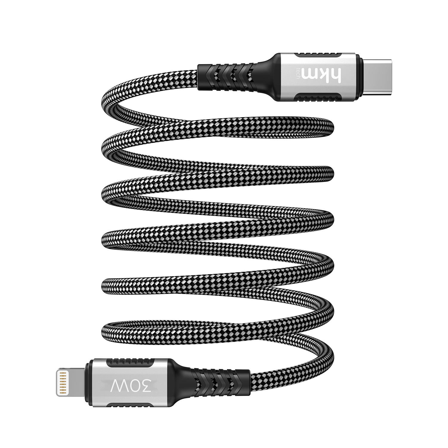 USB-C ve Lightning konnektörlü, spiral şeklinde sarılmış bir şarj kablosu. Kablo siyah beyaz kareli.