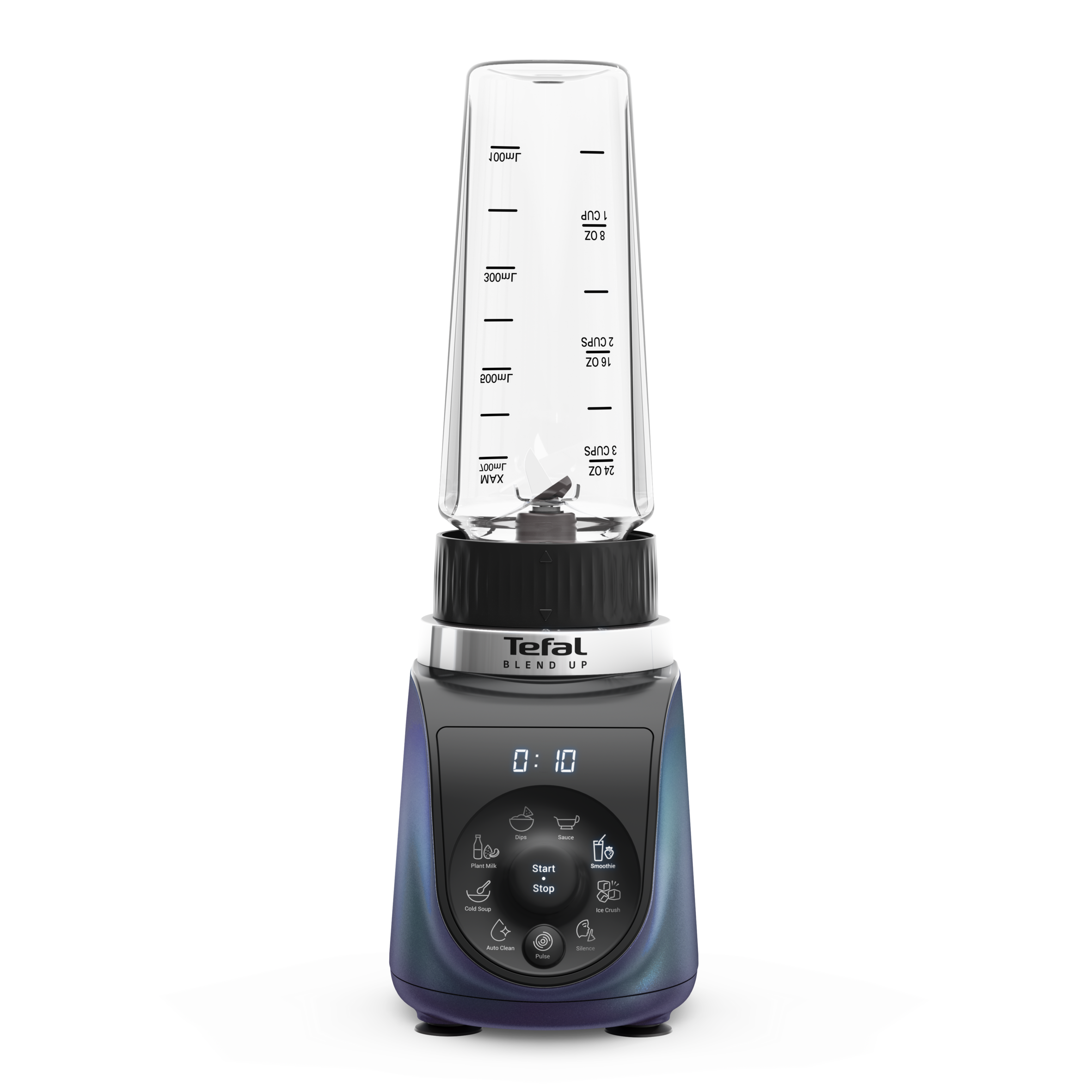Bir Tefal Blend Up blender gösteriliyor. Mavi ve mor bir taban üzerinde ölçüleri olan şeffaf bir kap vardır.