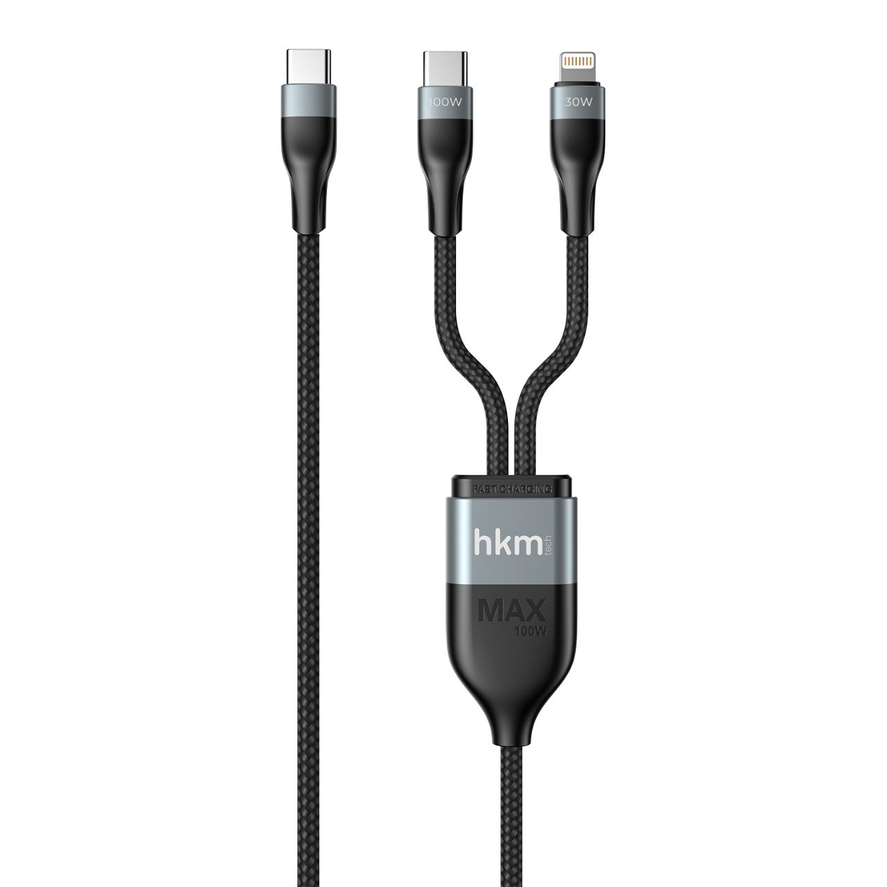 Üç konektörlü siyah şarj kablosu: USB-C, USB-C (100W) ve Lightning (30W). 'hkm' ve 'MAX 100W' etiketli.