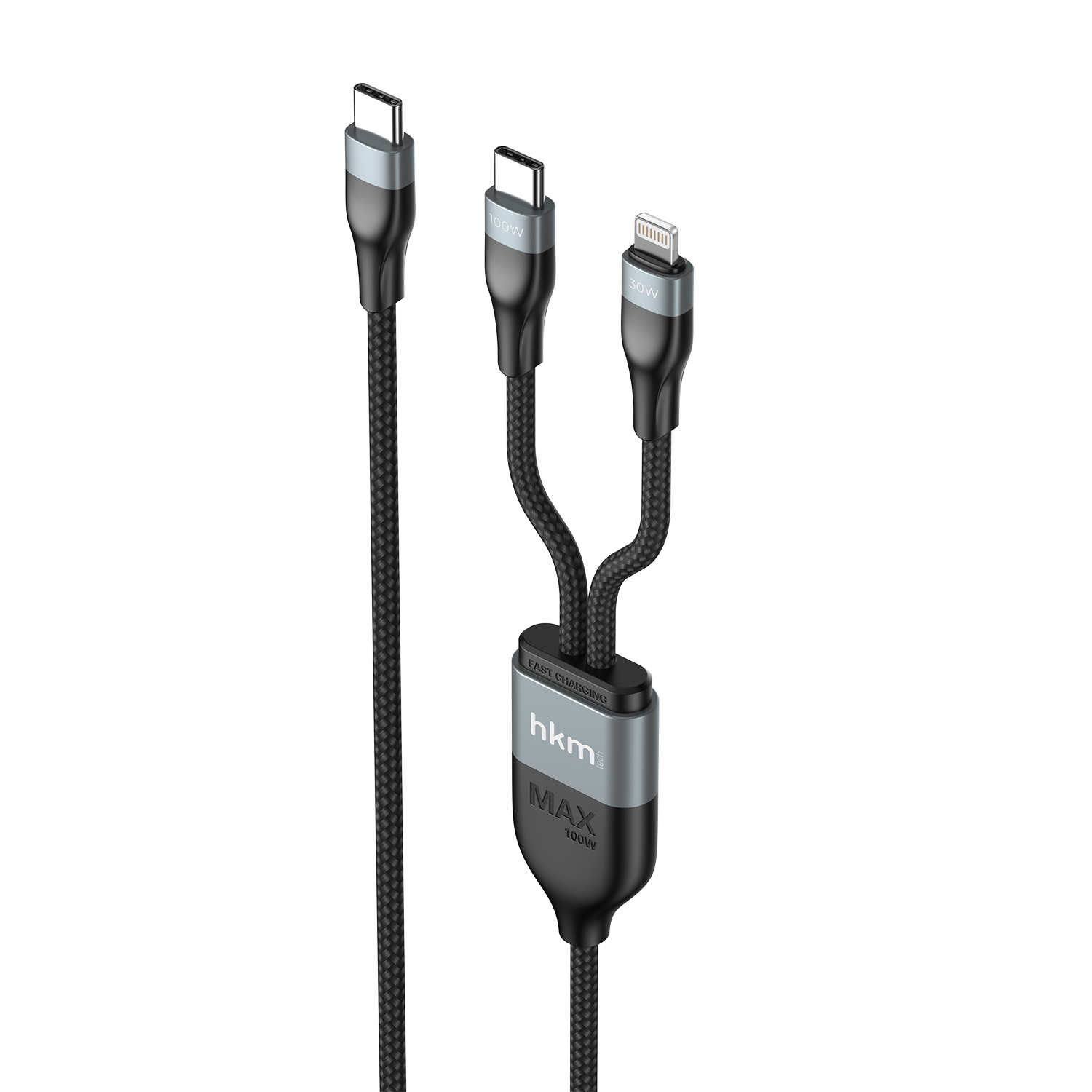 Farklı konektörlere sahip üç şarj kablosu: USB-C, USB-C ve Lightning. Gümüş vurgulara ve merkezi bir şarj merkezine sahip siyah kablolar.