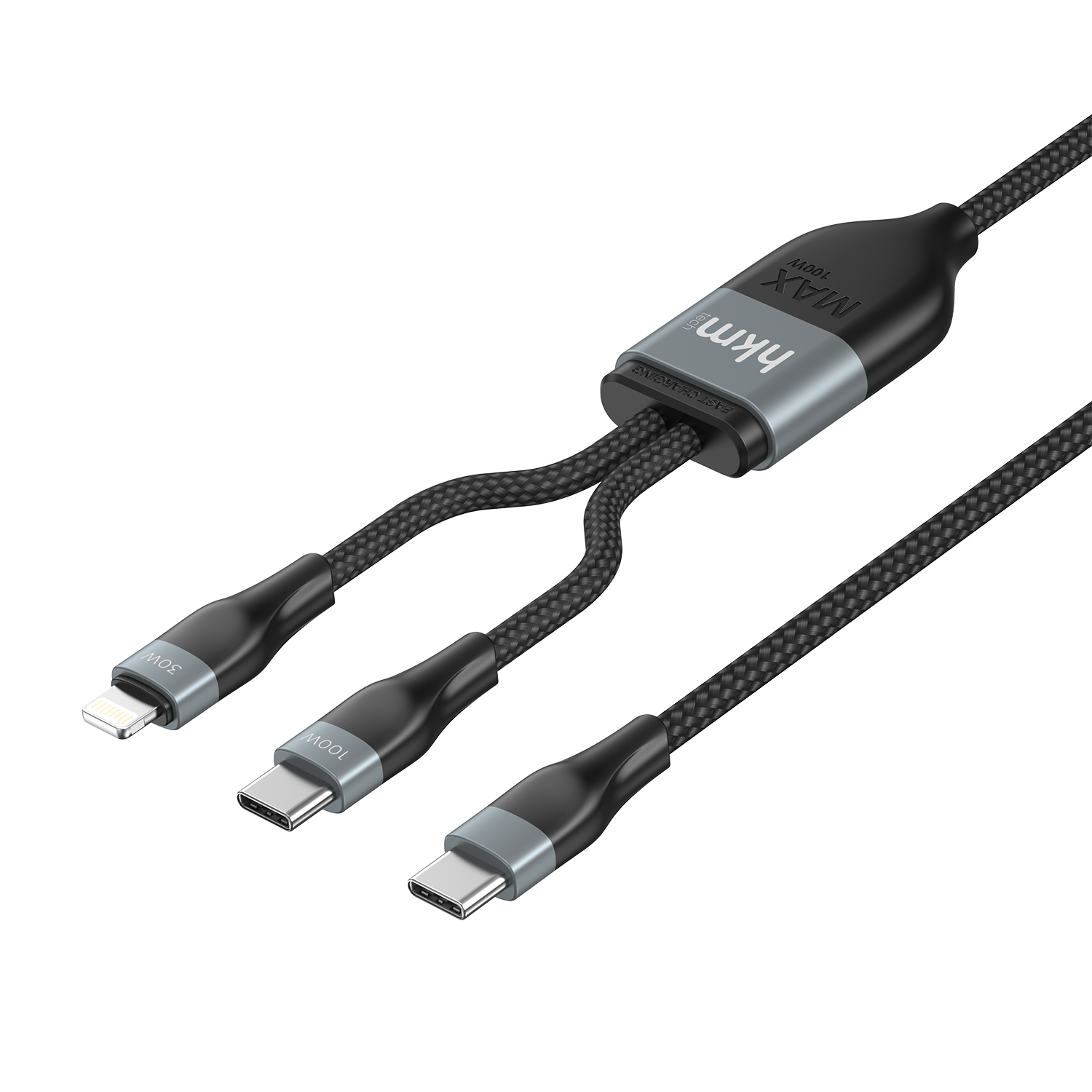 Siyah ve gri şarj kablosu, üç konektörlü: Lightning, USB-C ve USB-C. Kablo üzerinde 'hkm' ve 'MAX 100W' etiketleri var.