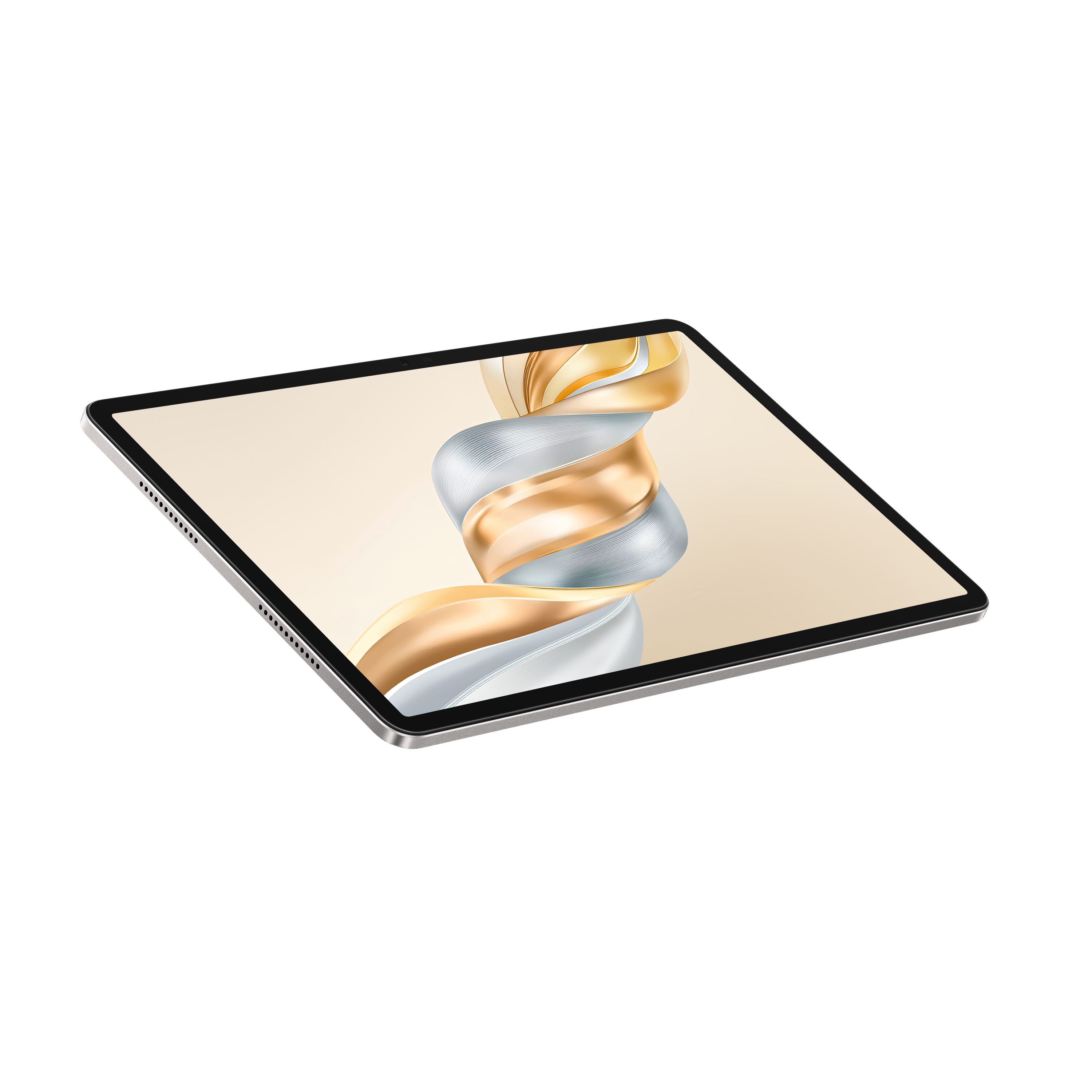 Siyah arka plan üzerinde tablet. Ekran, dönen altın ve gümüş kurdeleleri gösteriyor. Gümüş çerçeve, siyah kenarlık.