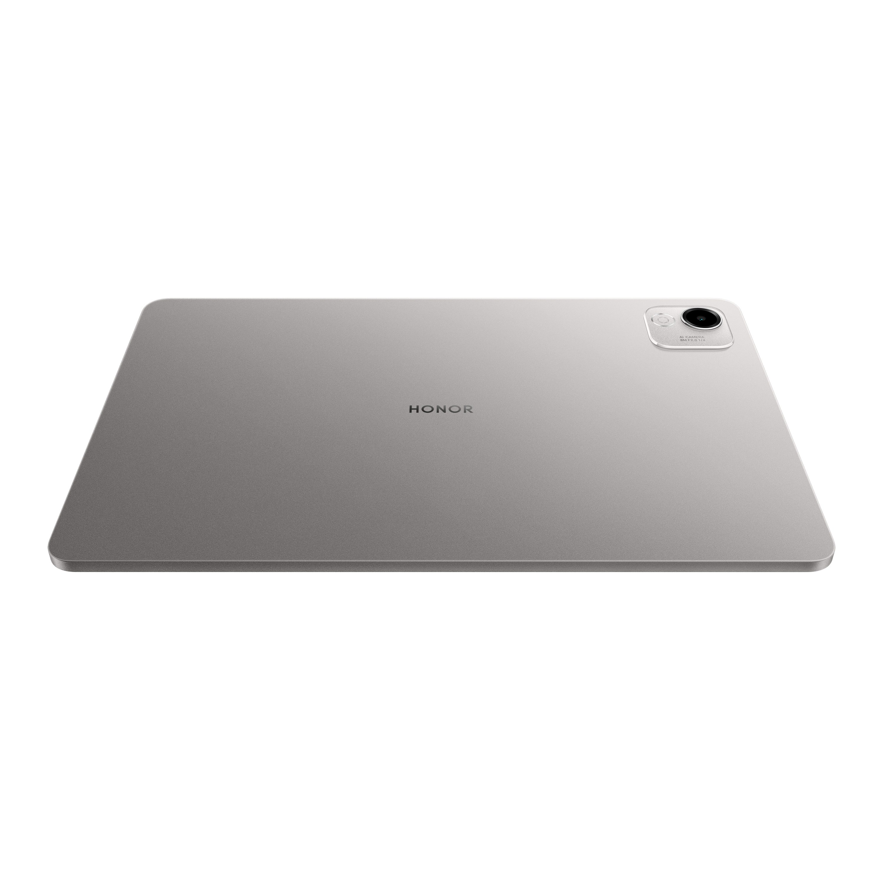Siyah bir arka plan üzerinde gümüş bir tablet. HONOR marka adı tablette. Bir kamera görünüyor.