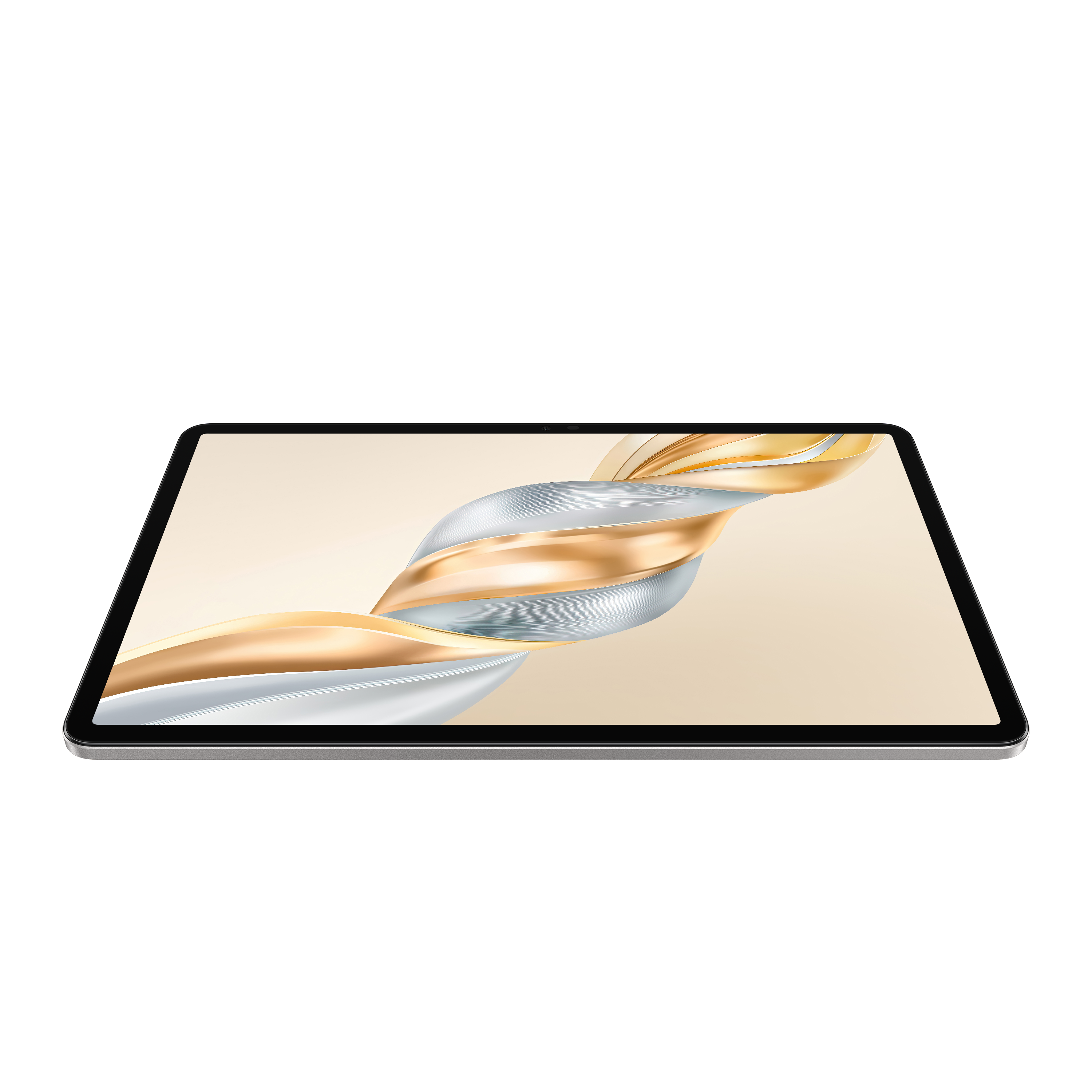Siyah zemin üzerinde tablet, ekranda altın, gümüş ve beyaz renklerde dönen bir tasarım.