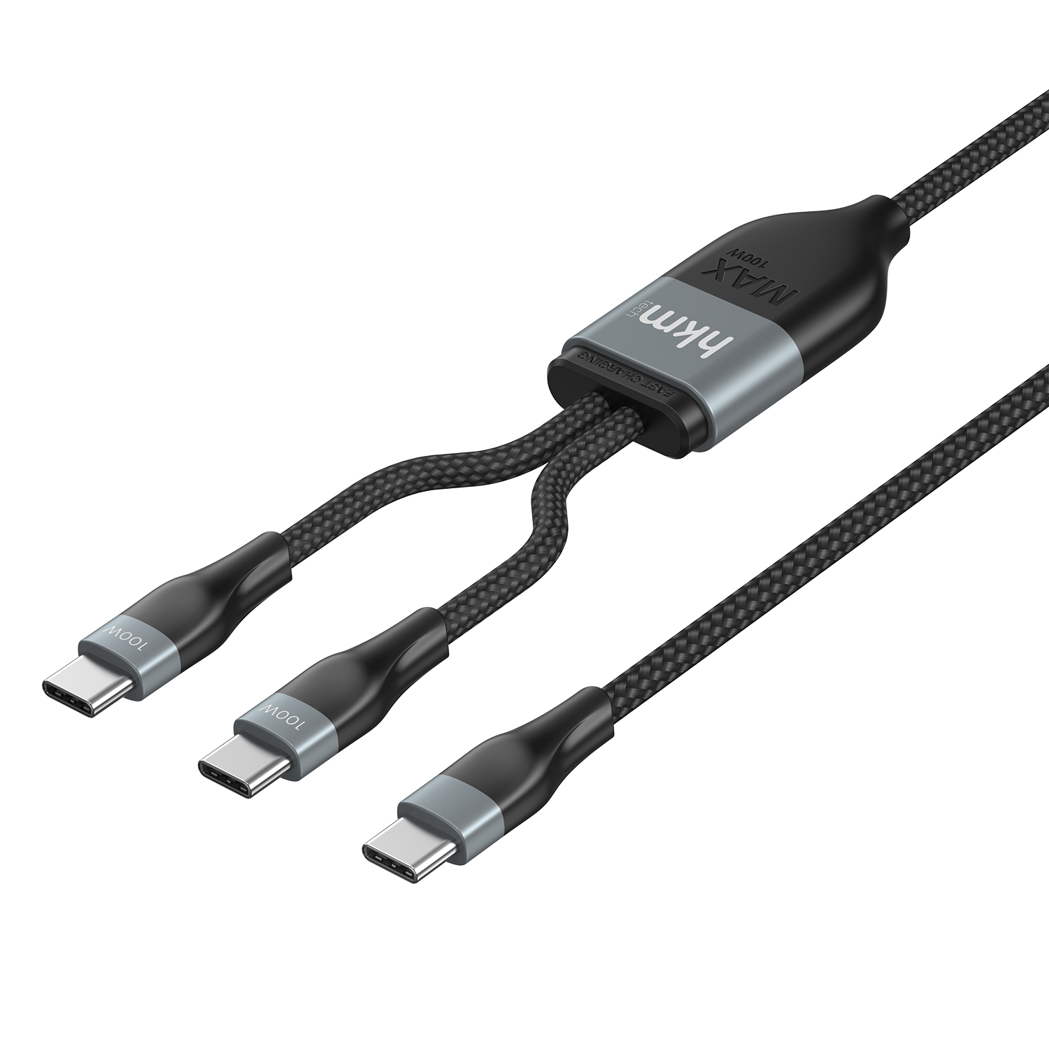 Üç konektörlü siyah bir USB-C şarj kablosu. Kablo örgülü. Merkezi hub'da marka var.