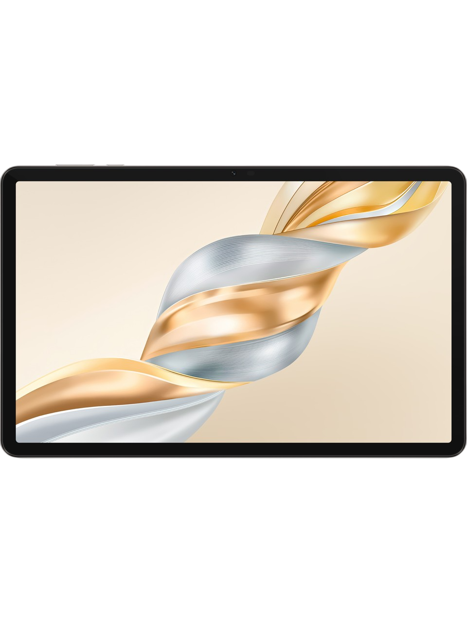 Ekranında altın, gümüş ve beyaz akan tasarıma sahip tablet. Siyah çerçeve ve arka plan.