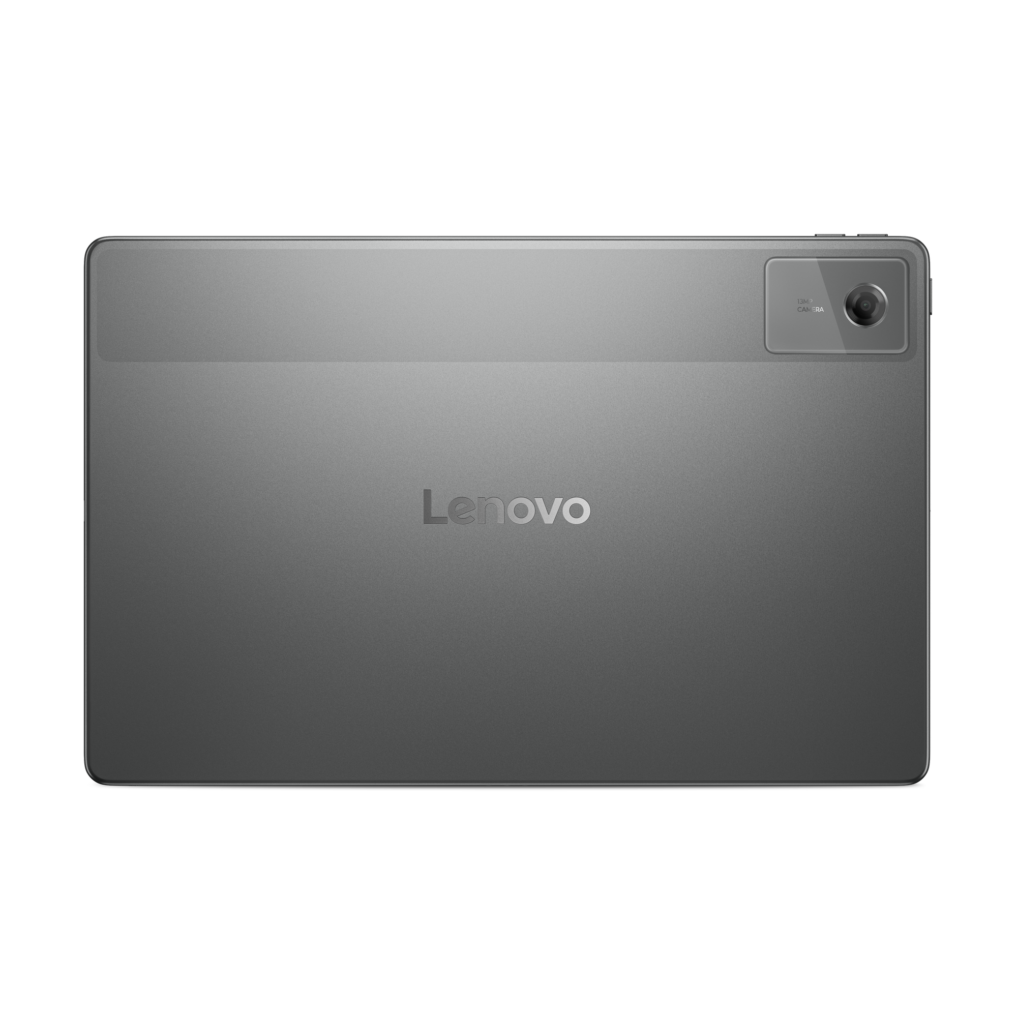 Gri bir Lenovo tabletin arkası gösteriliyor. Bir kamerası ve Lenovo logosu var.