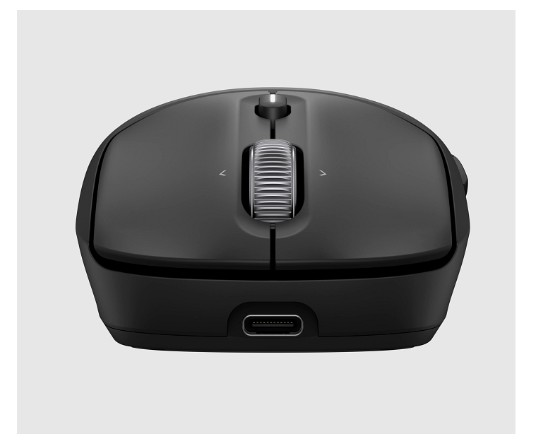 Siyah bir bilgisayar faresi yukarıdan gösteriliyor. Kaydırma tekerleği, sol ve sağ tıklama düğmeleri ve bir USB-C bağlantı noktası var.