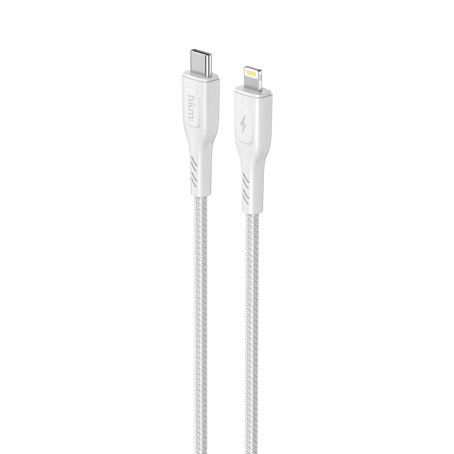 Beyaz zemin üzerinde iki beyaz şarj kablosu. Birinde USB-C konektörü, diğerinde yıldırım konektörü var.