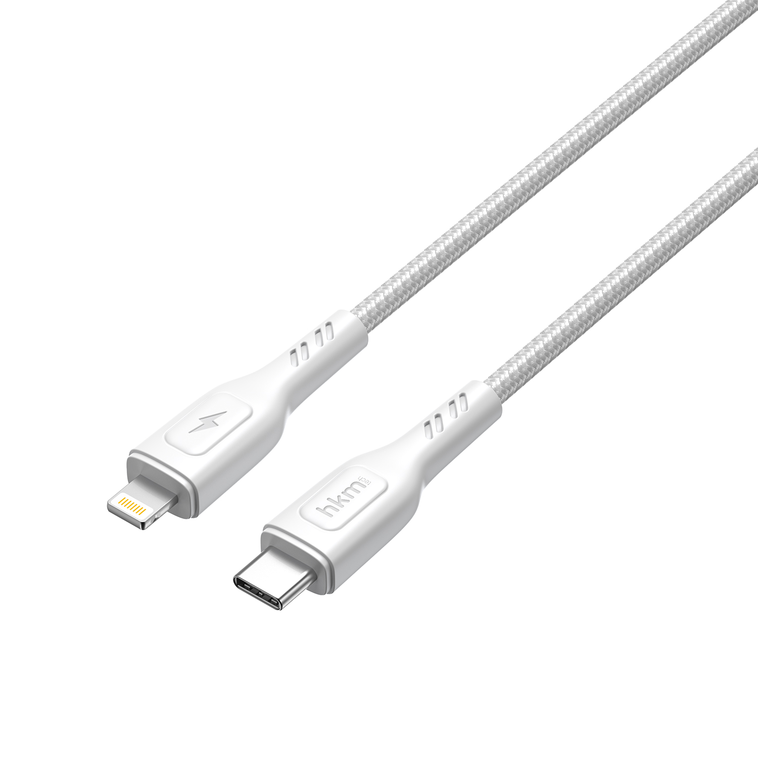 Beyaz arka plan üzerinde iki beyaz şarj kablosu. Biri Lightning konektörüne, diğeri USB-C'ye sahip. Kablolar örgülü.