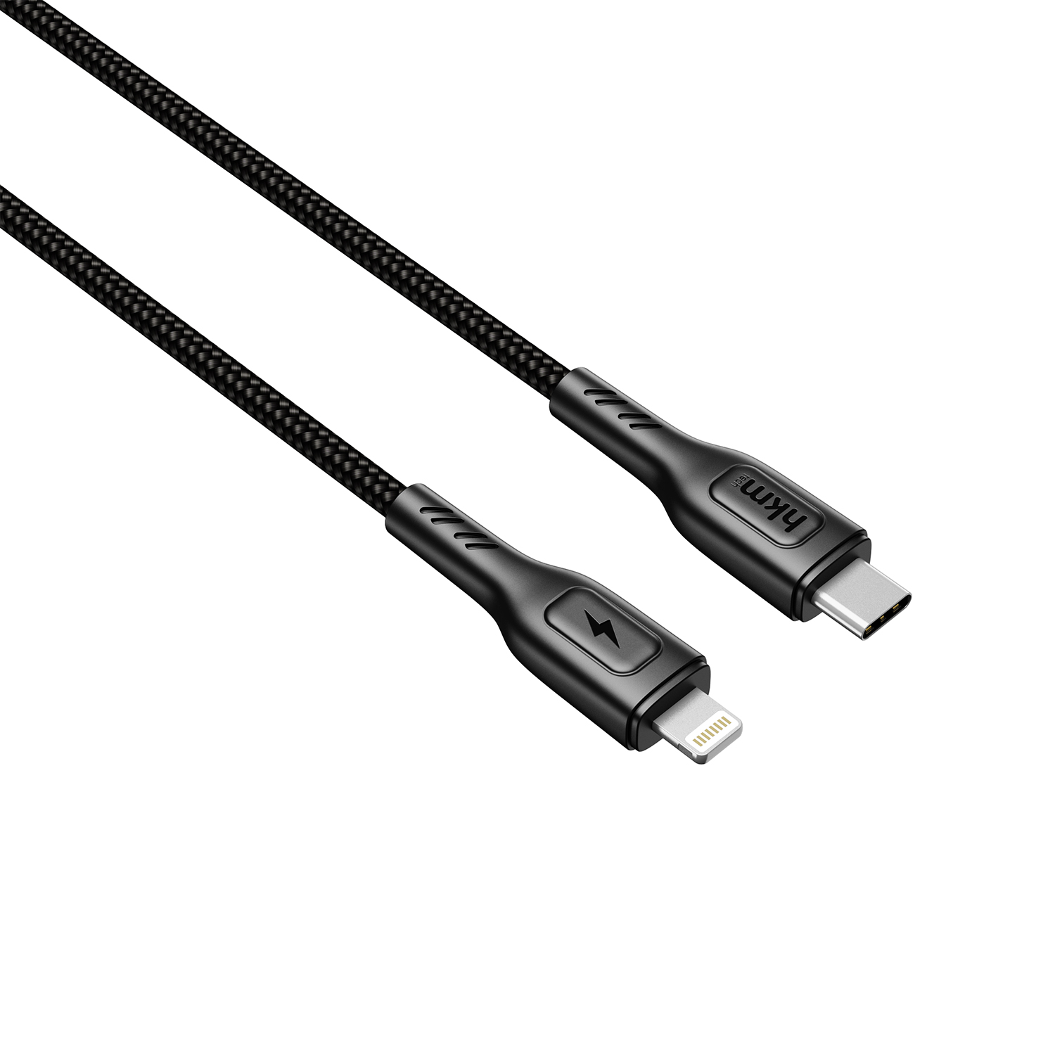 Beyaz zemin üzerinde Lightning ve USB-C konektörlü siyah örgülü şarj kablosu. Kabloda 'hkm' logosu var.