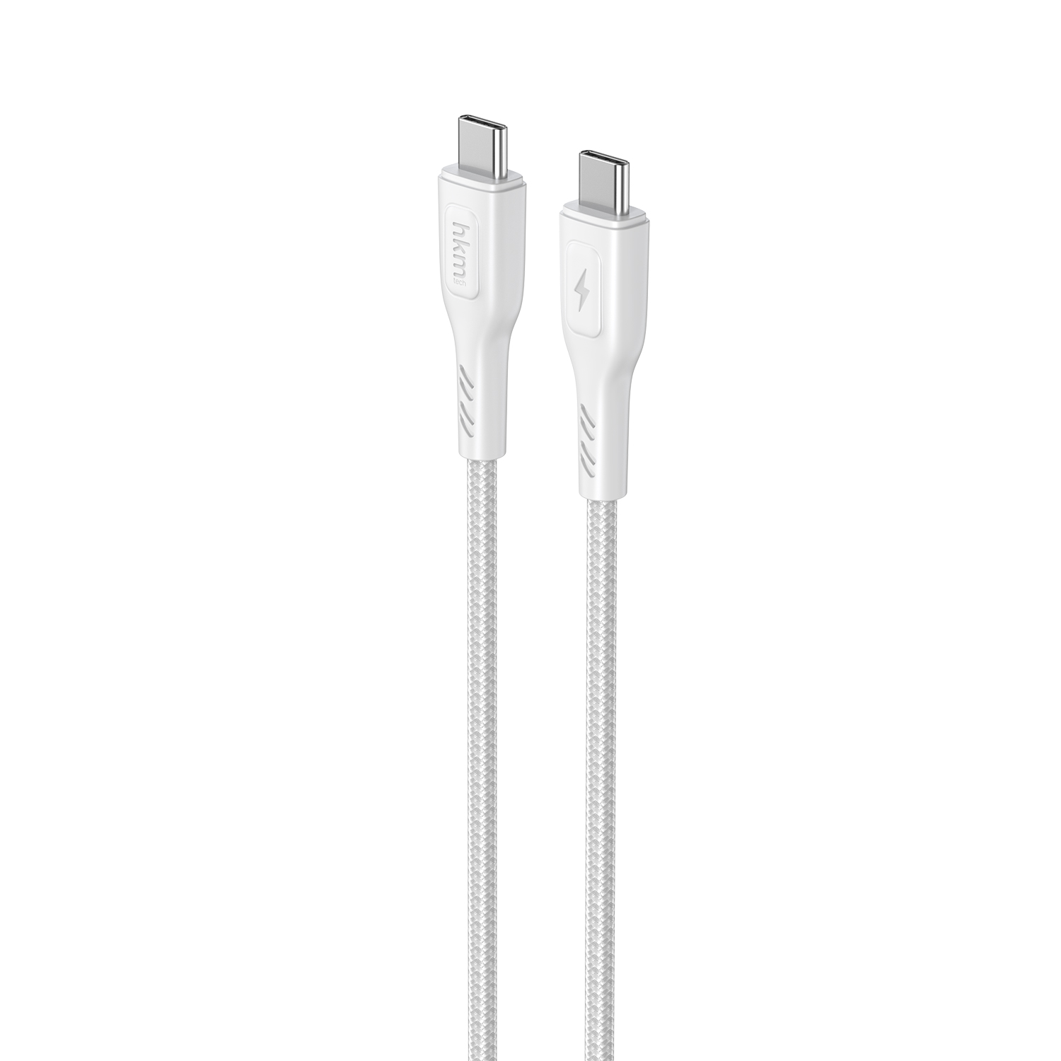 Beyaz arka plan üzerinde iki beyaz USB-C şarj kablosu. Bir kabloda yıldırım simgesi var.