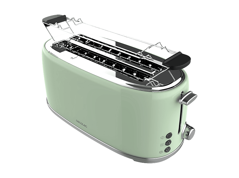 Tostadora - Cecotec Toast&Taste 1600 Retro Double Green, Para 4 tostadas, Ranura ancha, 1630 W, Calienta panecillos, Diseño retro, Verde