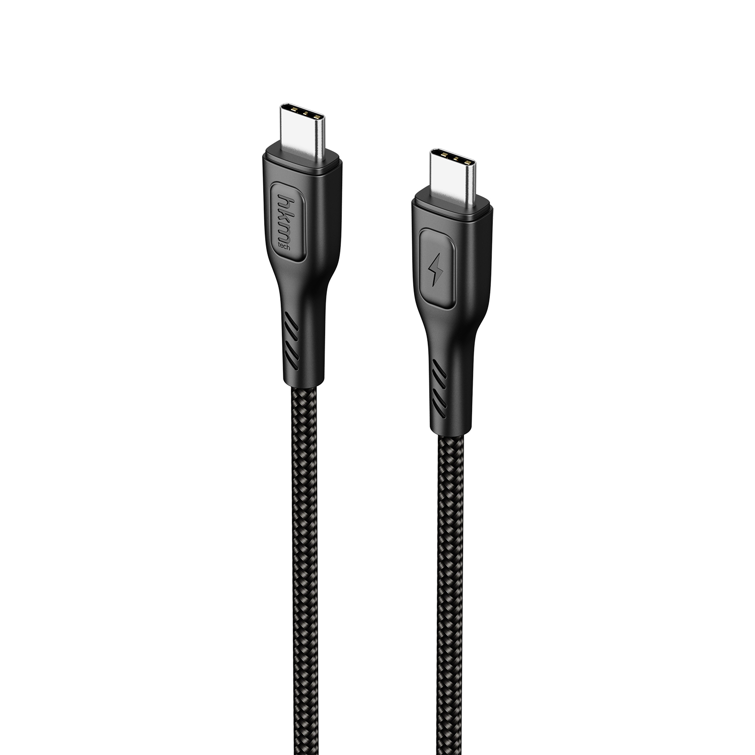 Beyaz zemin üzerinde iki siyah USB-C şarj kablosu. Bir kabloda logo, diğerinde yıldırım sembolü var.