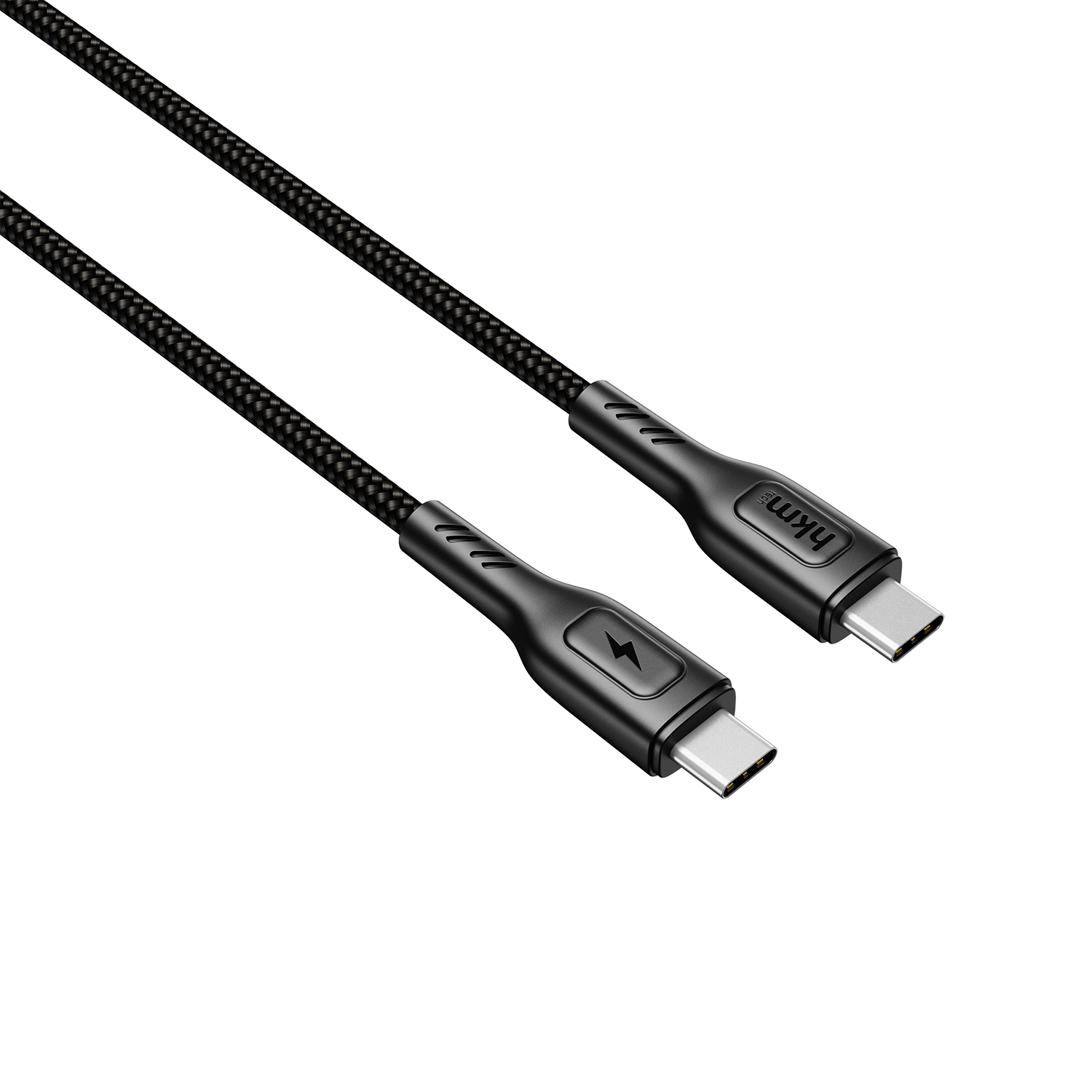 Beyaz arka plan üzerinde iki siyah USB-C kablosu. Bir konektörde yıldırım sembolü var. Diğerinde 'hkm' yazılı.