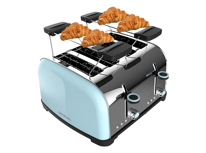 Tostadora - Cecotec Toastin' time 1500 Double Blue, 4 Tostadas, 1700 W, Calienta panecillos, Diseño retro, Azul