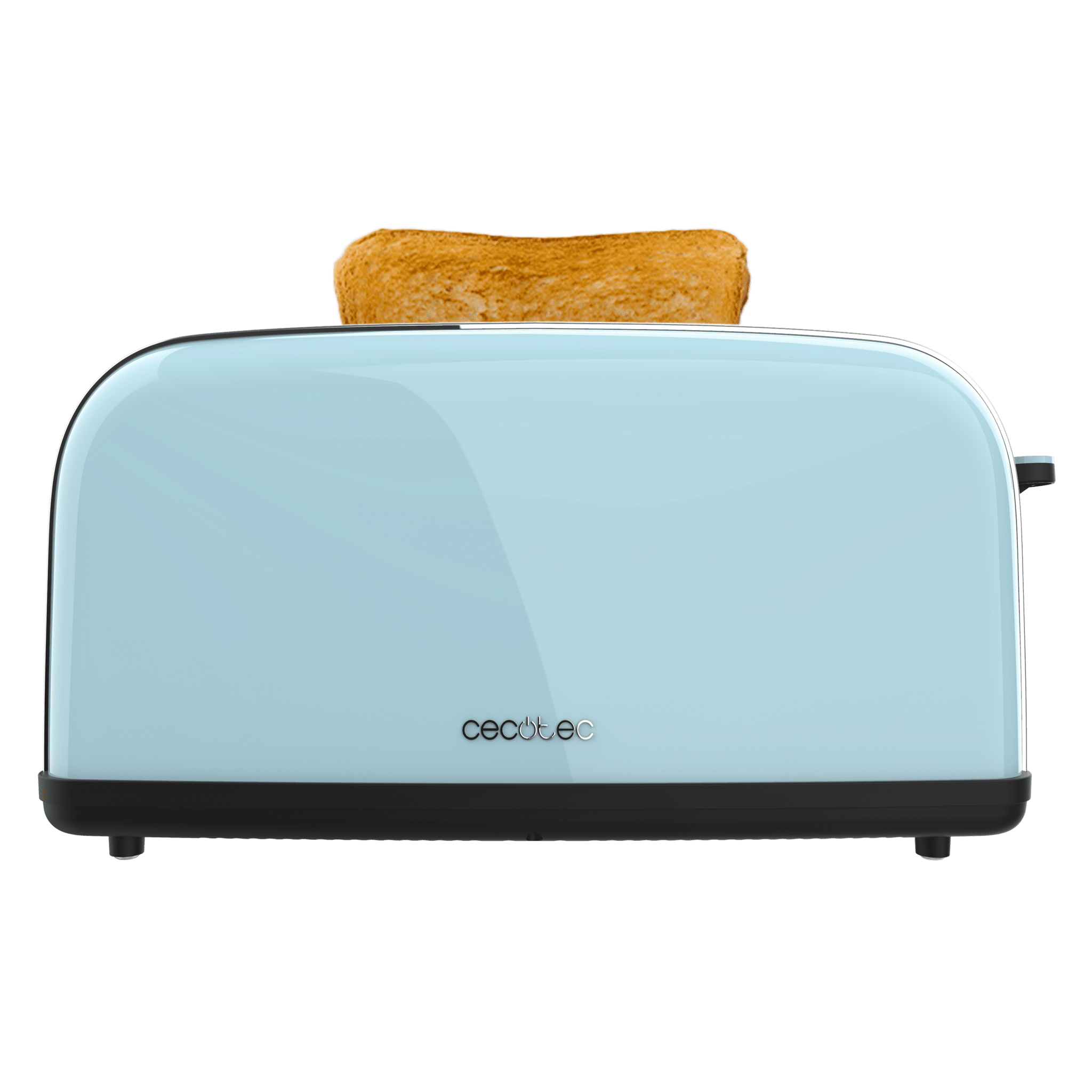 Una tostadora azul claro con una rebanada de pan tostado sobresaliendo. La marca 'cecotec' es visible.