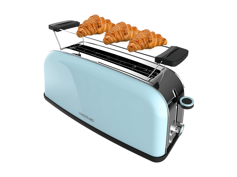 Tostadora - Cecotec Toastin' time 1100 Blue Long, 850 W, 2 rebanadas, 7 niveles, Calienta panecillos, Diseño retro, Azul