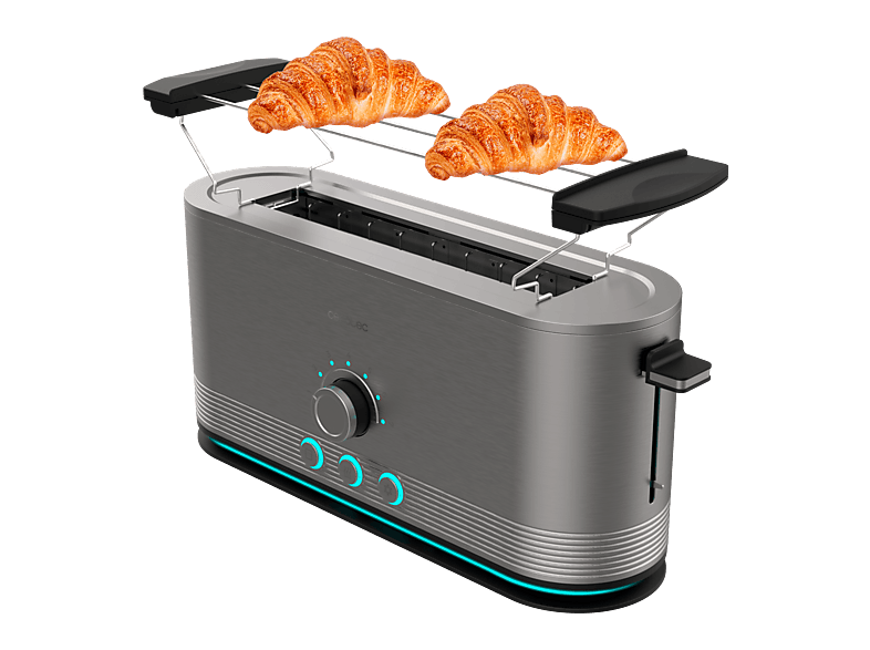 Tostadora - Cecotec Shine&Toast Extra, 1050 W, Aviso luminoso, Ranura larga y ancha, Calienta panecillos, 7 Niveles, Plata