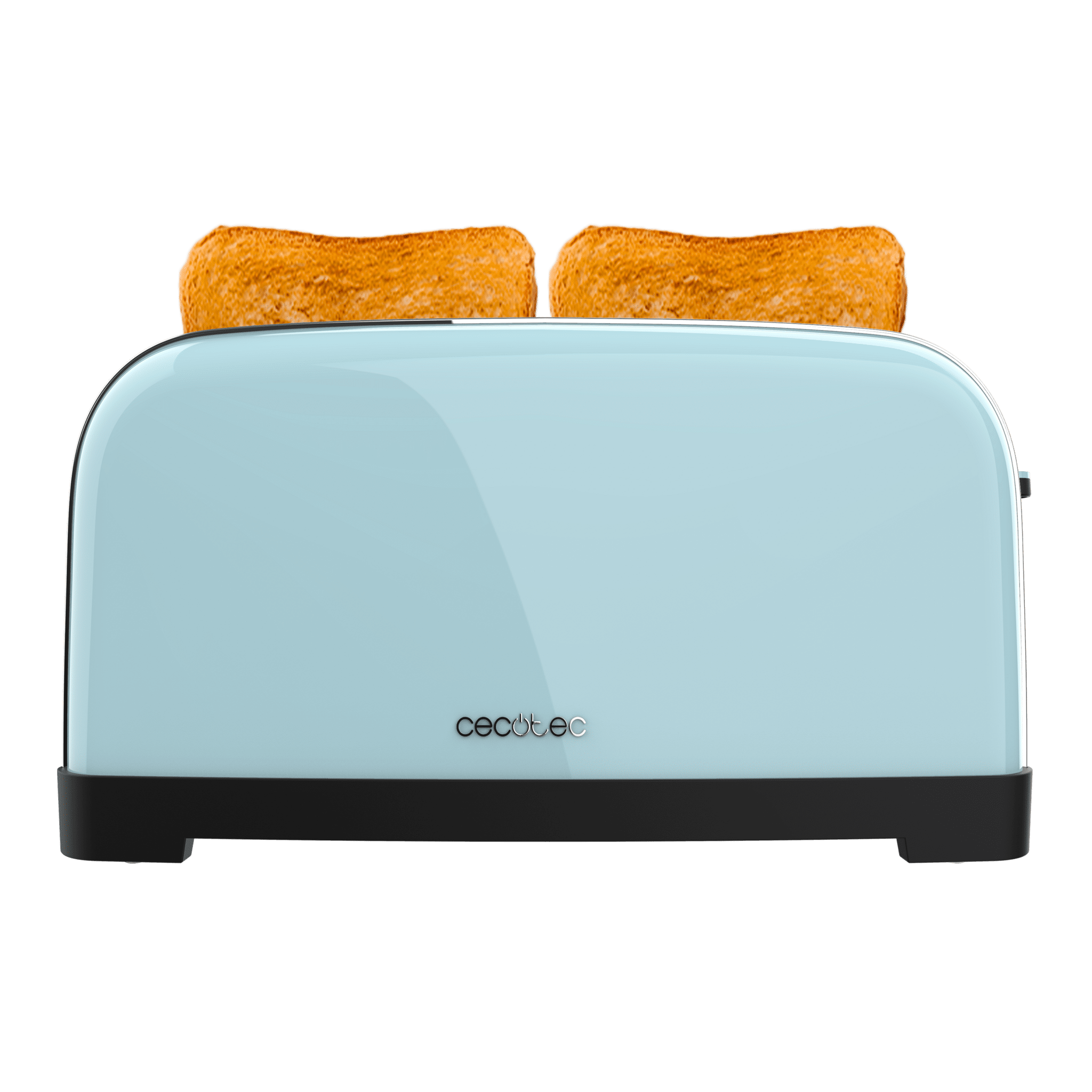 Una tostadora azul claro con dos rebanadas de pan tostado. El fondo es de color verde sólido.