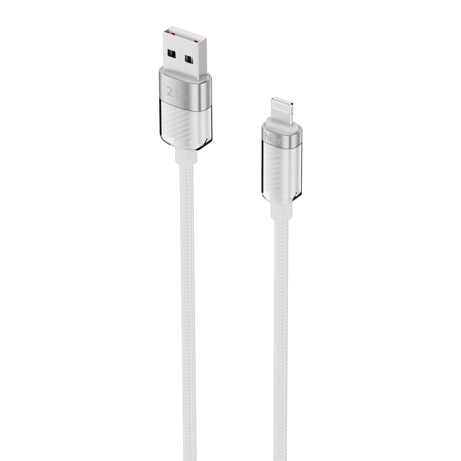 Beyaz bir USB - Lightning kablosu. USB ucu gümüş rengi ve kırmızı iç kısma sahip. Lightning ucu da gümüş rengi. Her ikisi de beyaz örgülü kablolara sahip.