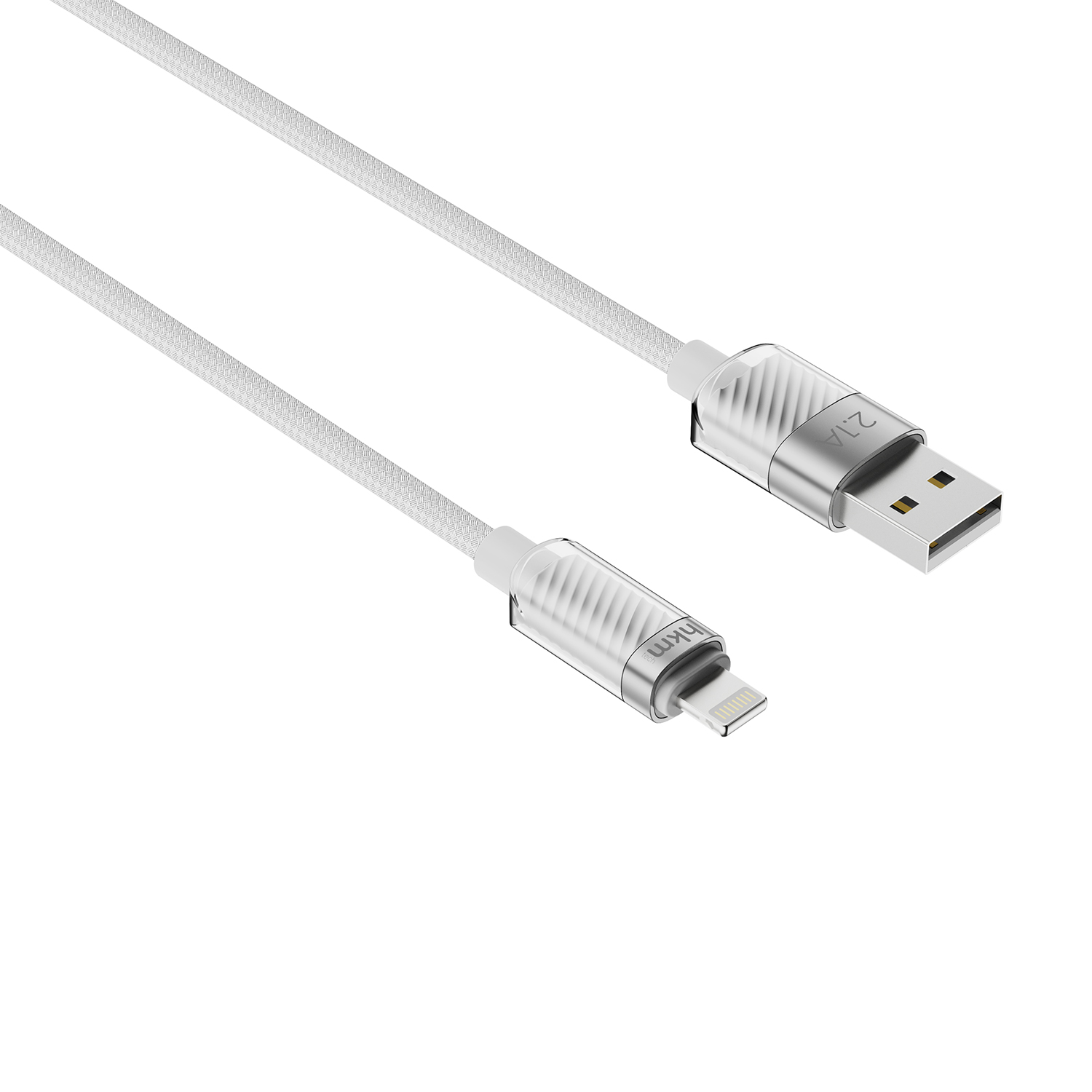Lightning konektörlü ve USB-A konektörlü beyaz bir USB şarj kablosu. Arka plan beyazdır.