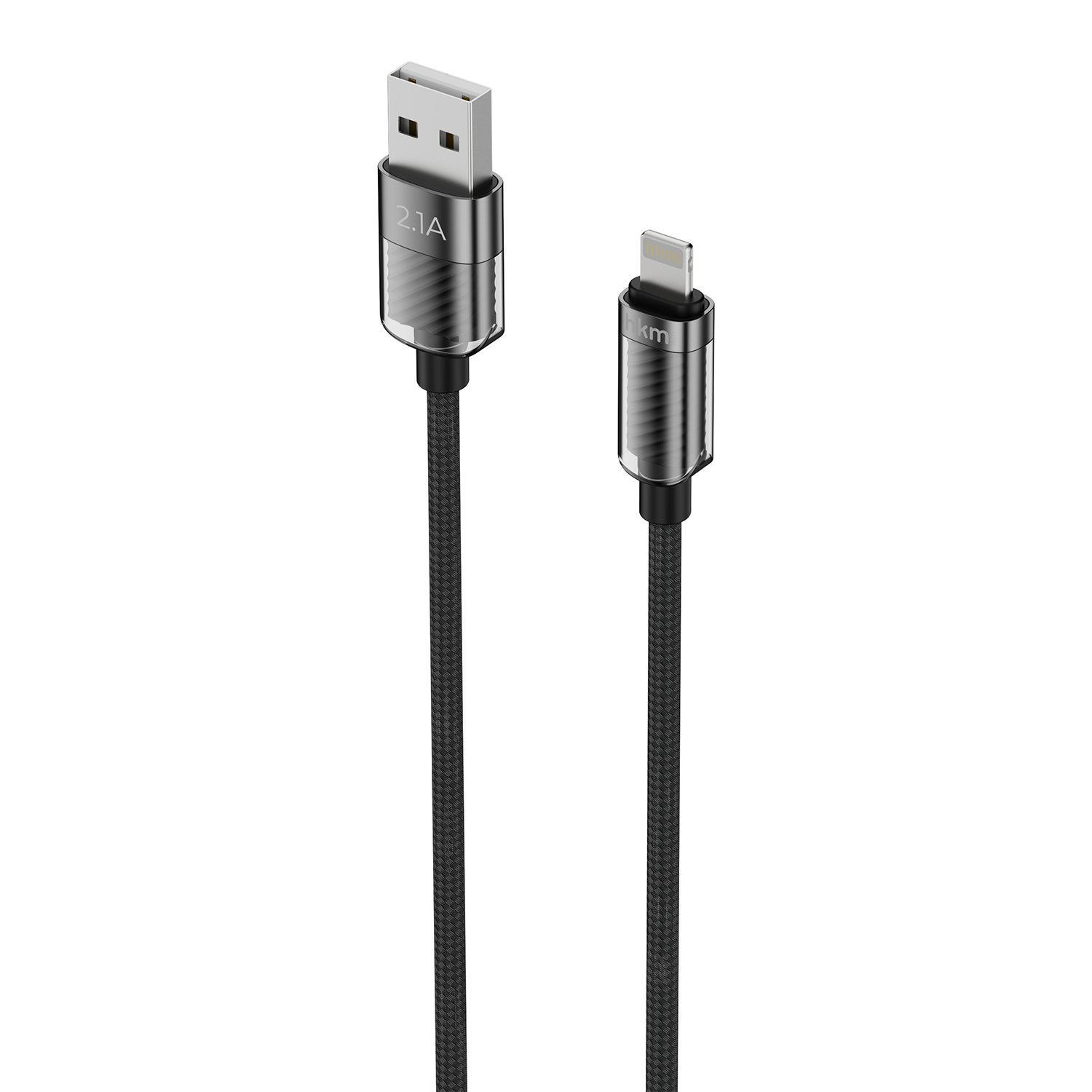 Siyah ve gümüş renkli bir USB şarj kablosu. USB ucu dikdörtgen, diğeri ise yıldırım konektörü.