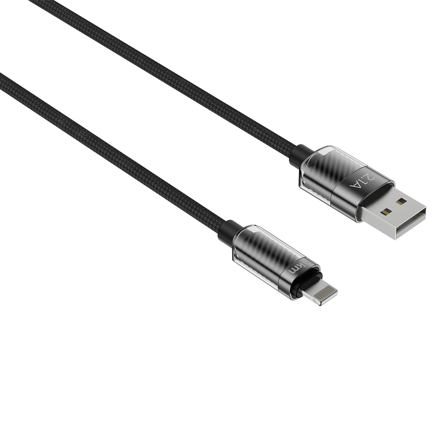 Lightning konnektörlü ve USB-A konnektörlü siyah USB kablosu. Kablonun örgülü bir dokusu var.
