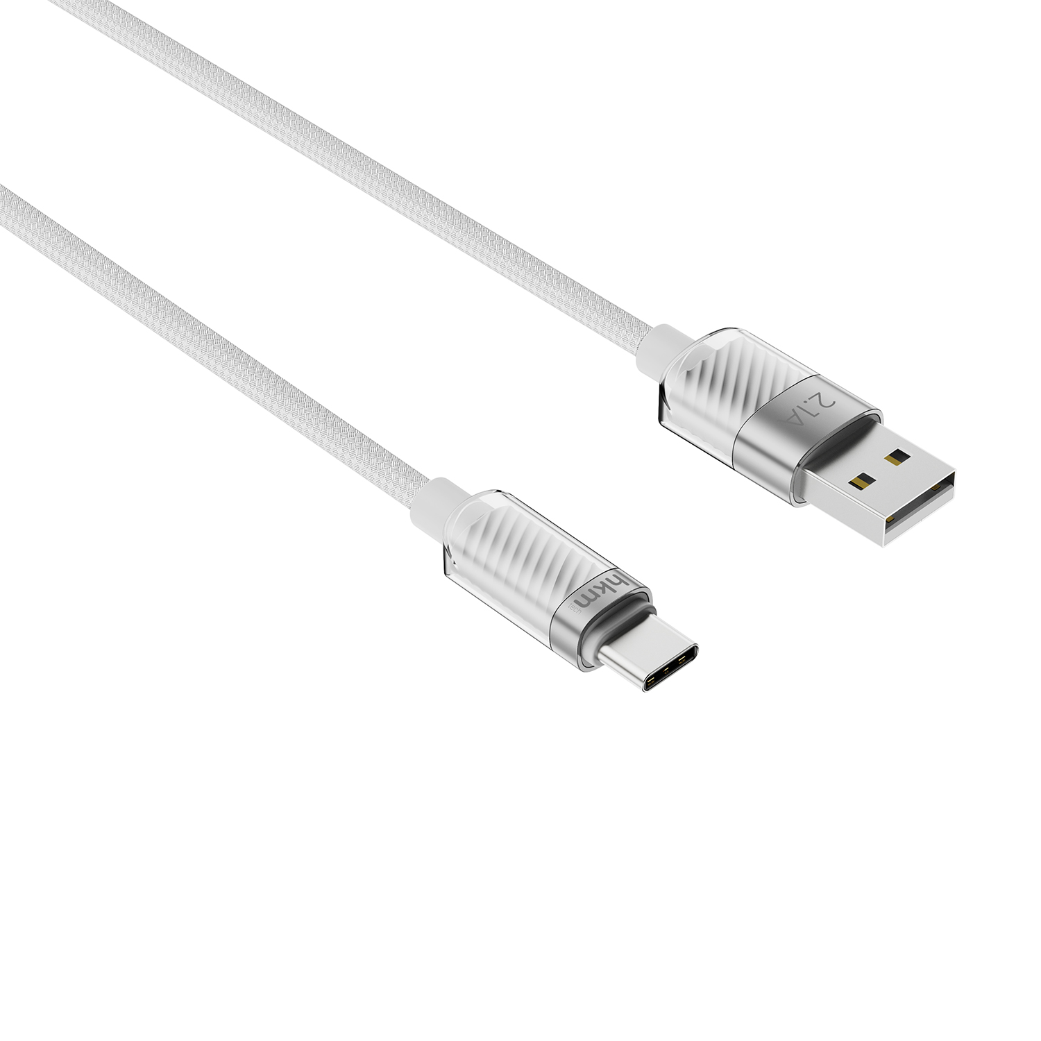Beyaz bir USB-C'den USB-A'ya şarj kablosu. Kablo beyaz, gümüş konektörlü. USB-A konektörü 2.1A gösterir.