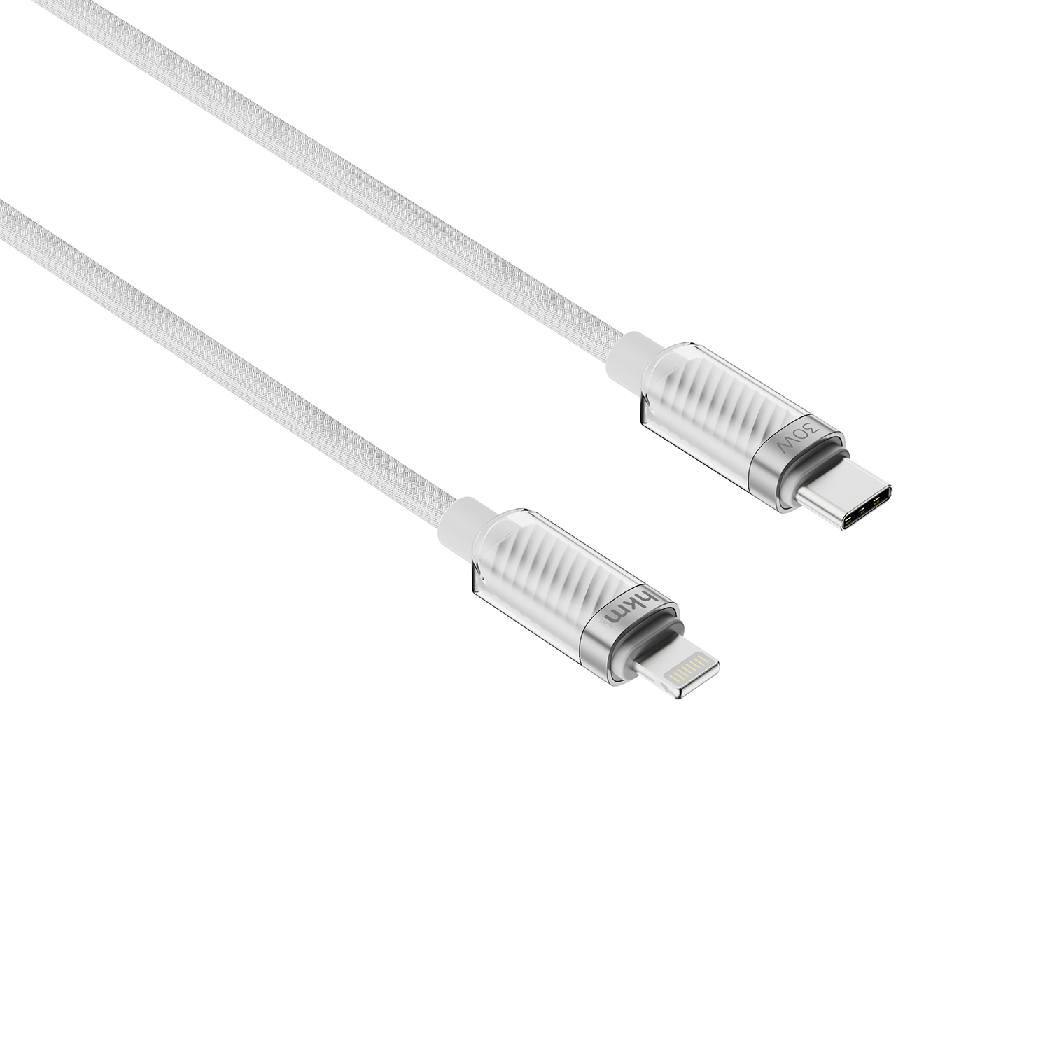 Beyaz arka plan üzerinde iki beyaz şarj kablosu. Birinde USB-C konektörü, diğerinde yıldırım konektörü var.